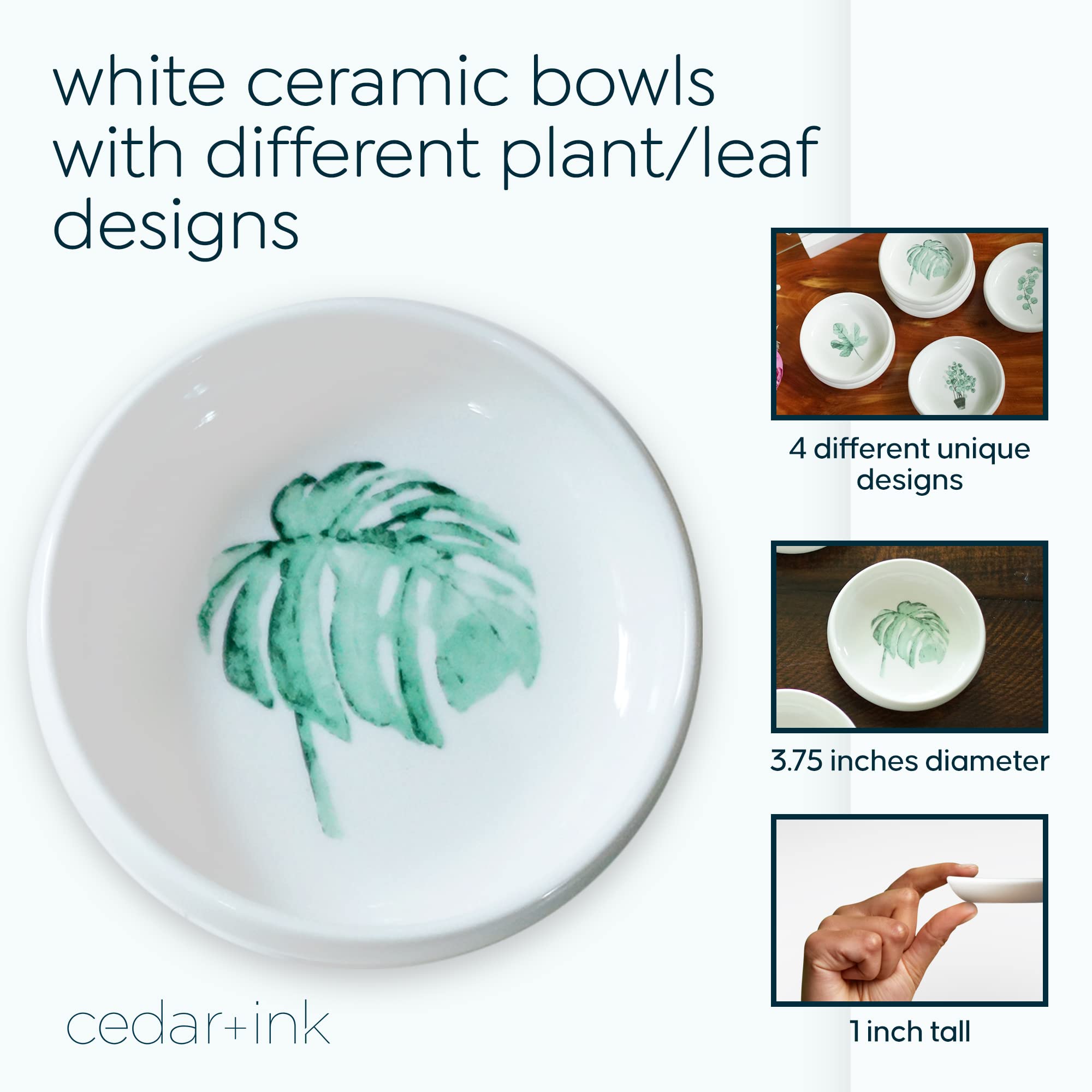 4-Pack Ceramic Ring Dishes with Decorative Plant Design - Stackable Jewelry Organizer for Rings, Earrings & Trinkets - Bathroom Vanity, Bedroom Dresser & Wedding Gift Idea - Cedar and Ink Collection