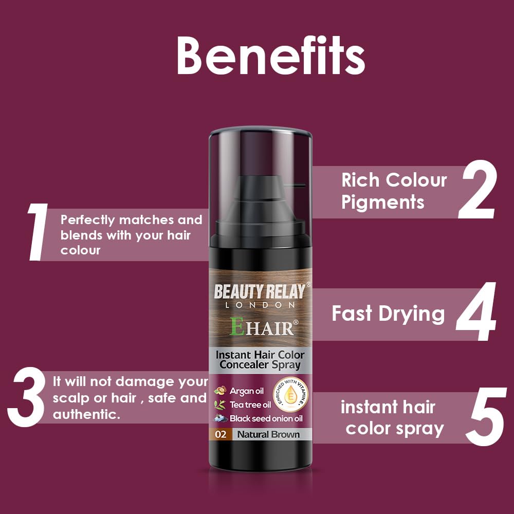 BEAUTYRELAY LONDON E Hair Ammonia-Free Natural Instant Hair Color Spray - Covers Gray & Black Hair Instantly, Easy to Use, Perfect Match & Blend for Brown Hair (1 Count) - Great for Touch-Ups, Root Coverage, and Quick Hair Color Fixes Between Salon Visits