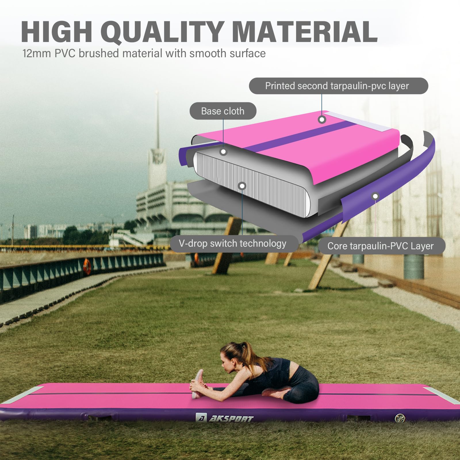 AKSPORT Inflatable Gymnastics Air Mat - Portable Tumbling Track for Home, Gym, Training | Perfect for Cheerleading, Parkour, Beach & Water Activities | Includes Air Pump