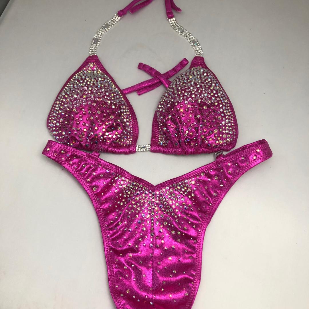 Hot Pink Rhinestone Figure Bikini - Competition Posing Suit for Physique & Fitness Shows | Perfect for Bodybuilding, Bikini Contests & Beachwear