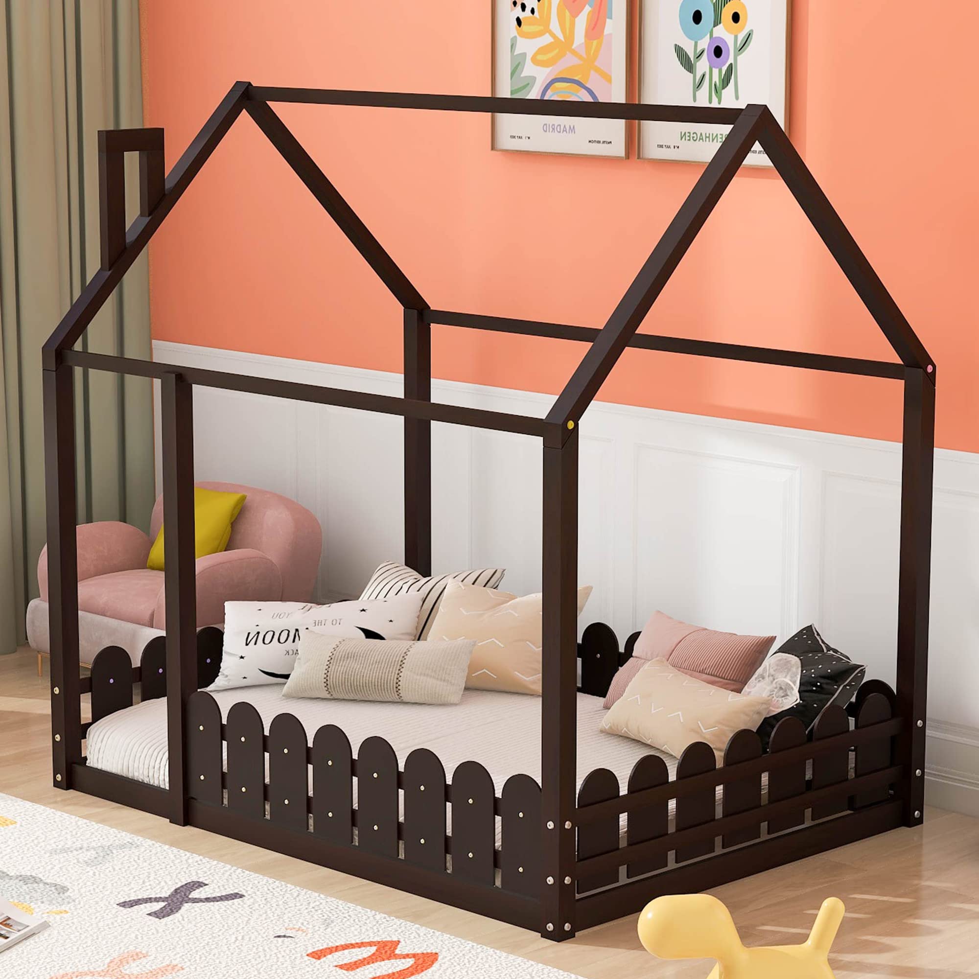 P PURLOVE Full Size Wooden House Bed Frame with Fence-Style Guardrails - No Slats Included - Espresso Finish - Perfect for Kids, Teens, Boys & Girls Bedrooms, Playrooms or Nursery Decor