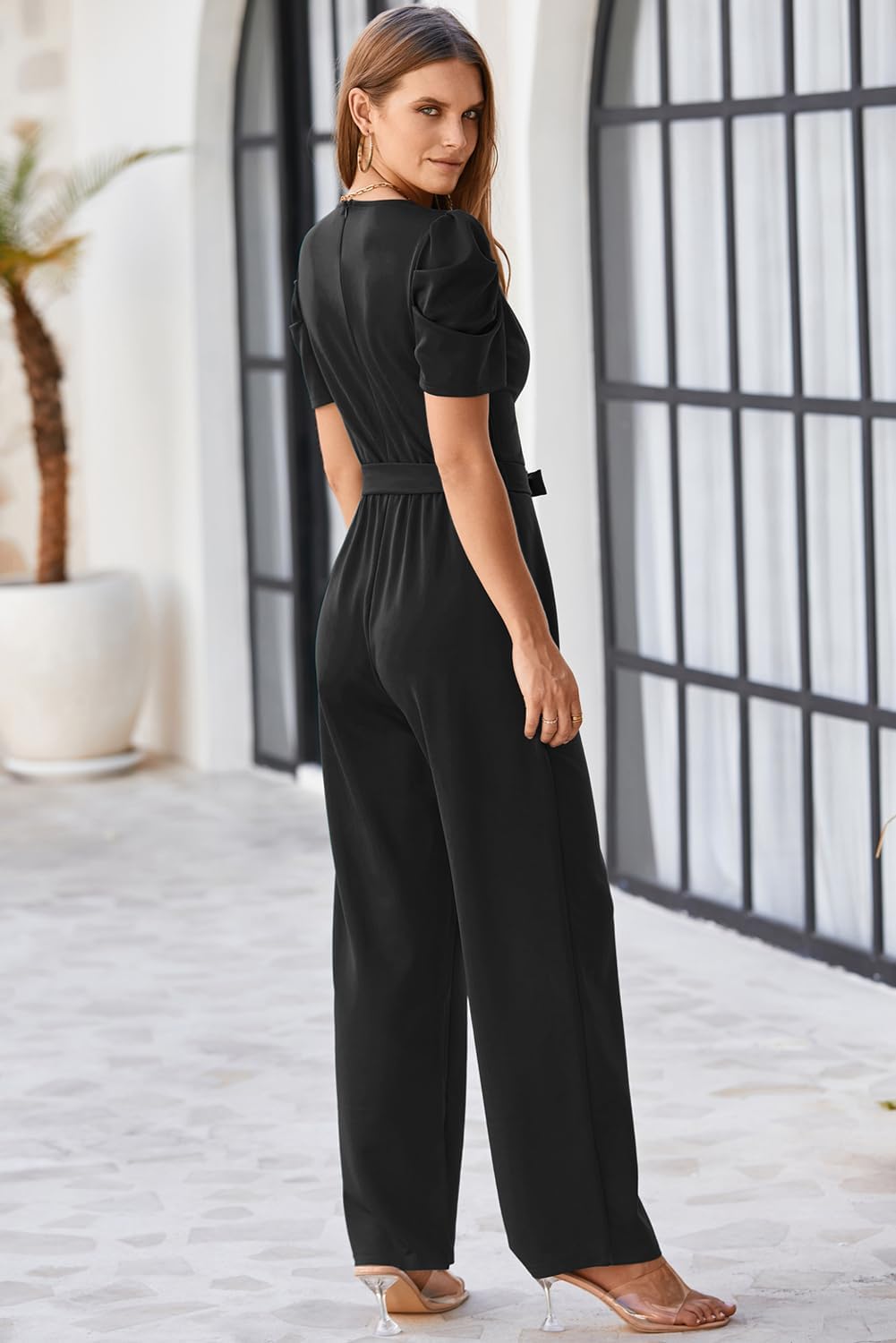 BLENCOT Women's Short Sleeve V-Neck Belted Wide Leg Jumpsuit - Casual to Formal Romper for Office, Party & Summer Outings