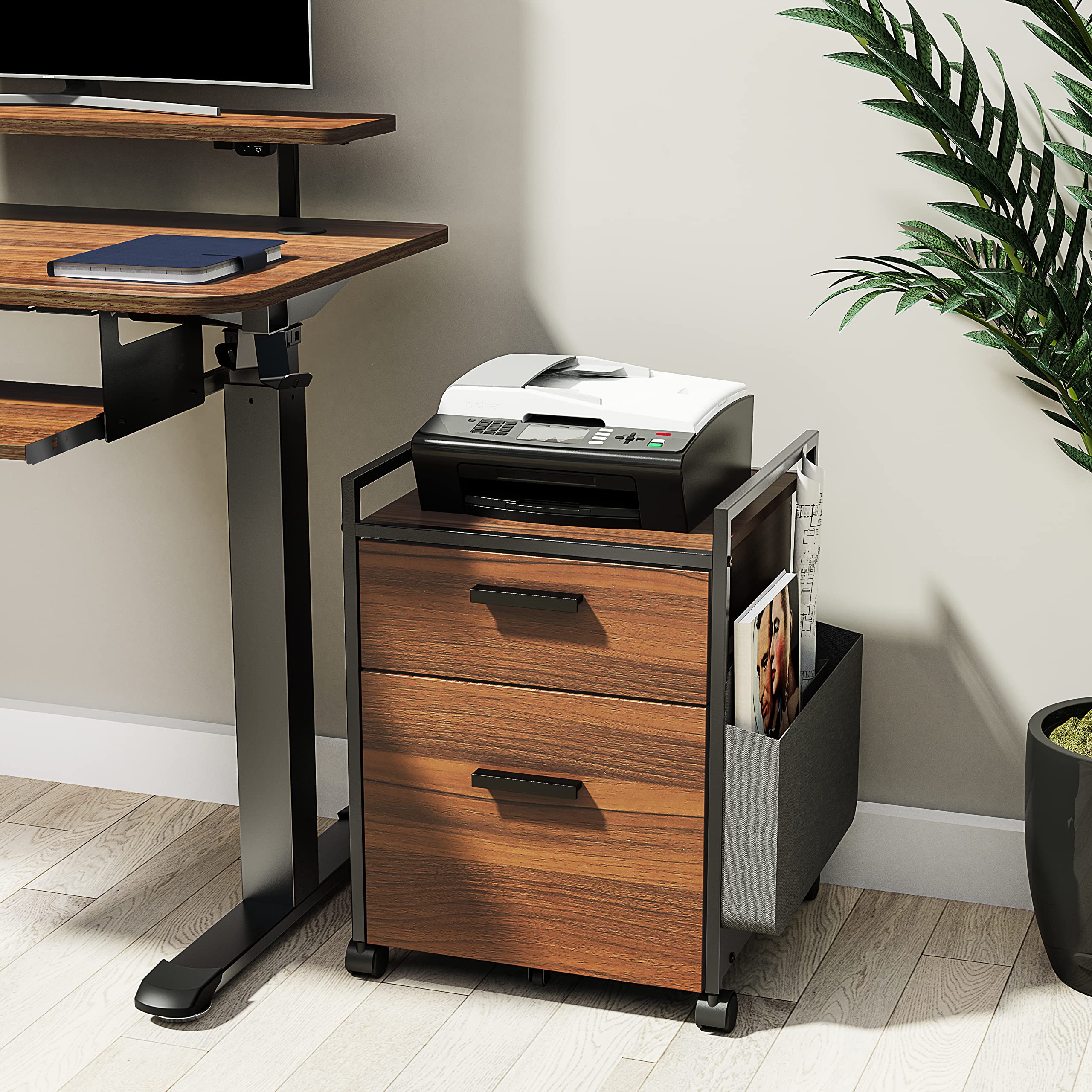 EUREKA ERGONOMIC 2-Drawer Rolling File Cabinet with Bag - Wooden Under Desk Storage Organizer, Printer Stand for Home Office - Walnut Finish | Perfect for Small Spaces & Workspace Organization