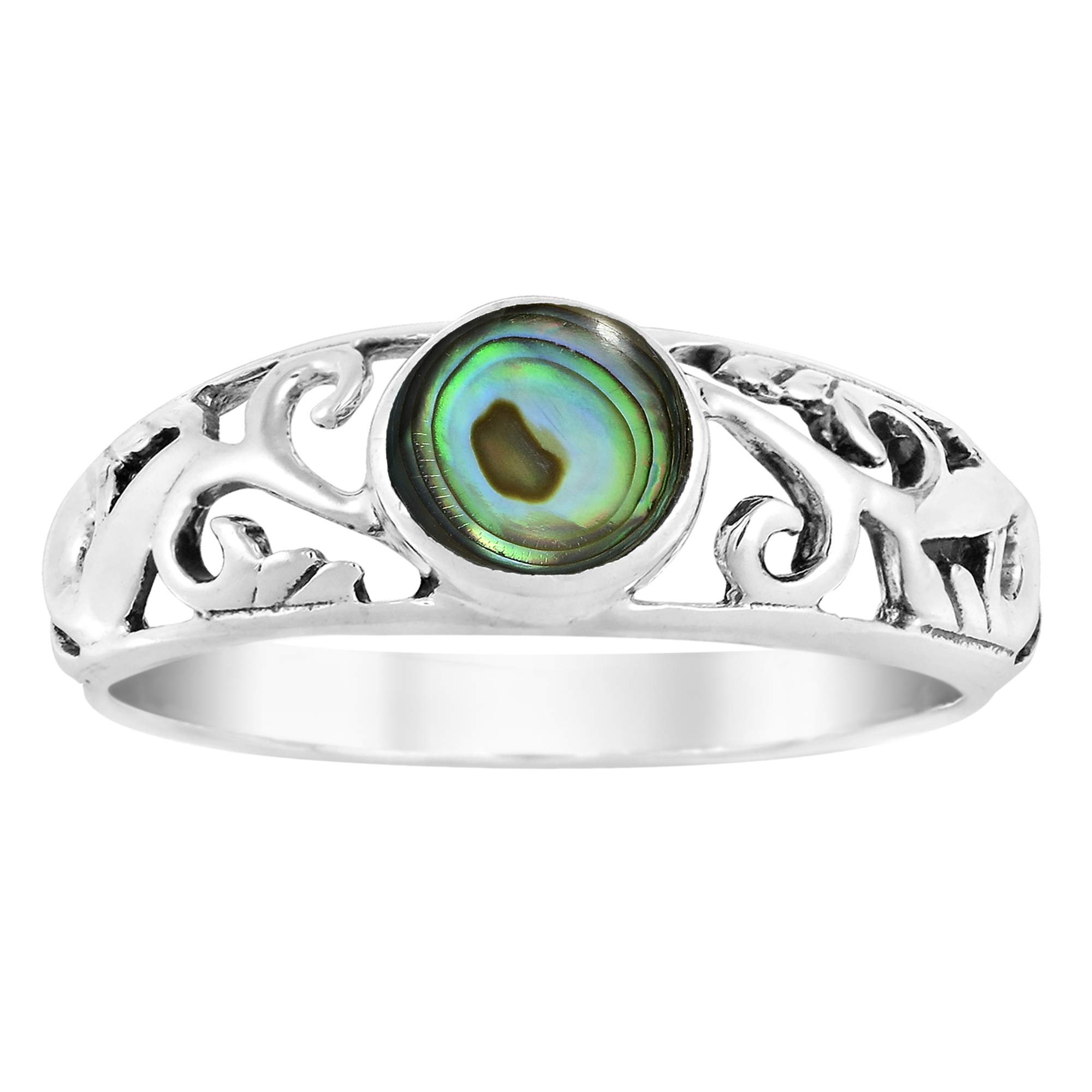 Aeravida Intricate Lace Swirl Vines Round Abalone Shell .925 Sterling Silver Ring for Women | Elegant Wedding Band, Casual Comfort Fit Jewelry | Perfect Gift for Daughter, Wife, Girlfriend | Available in Sizes 6-9 | Ideal for Weddings, Anniversaries, Date Nights and Everyday Wear