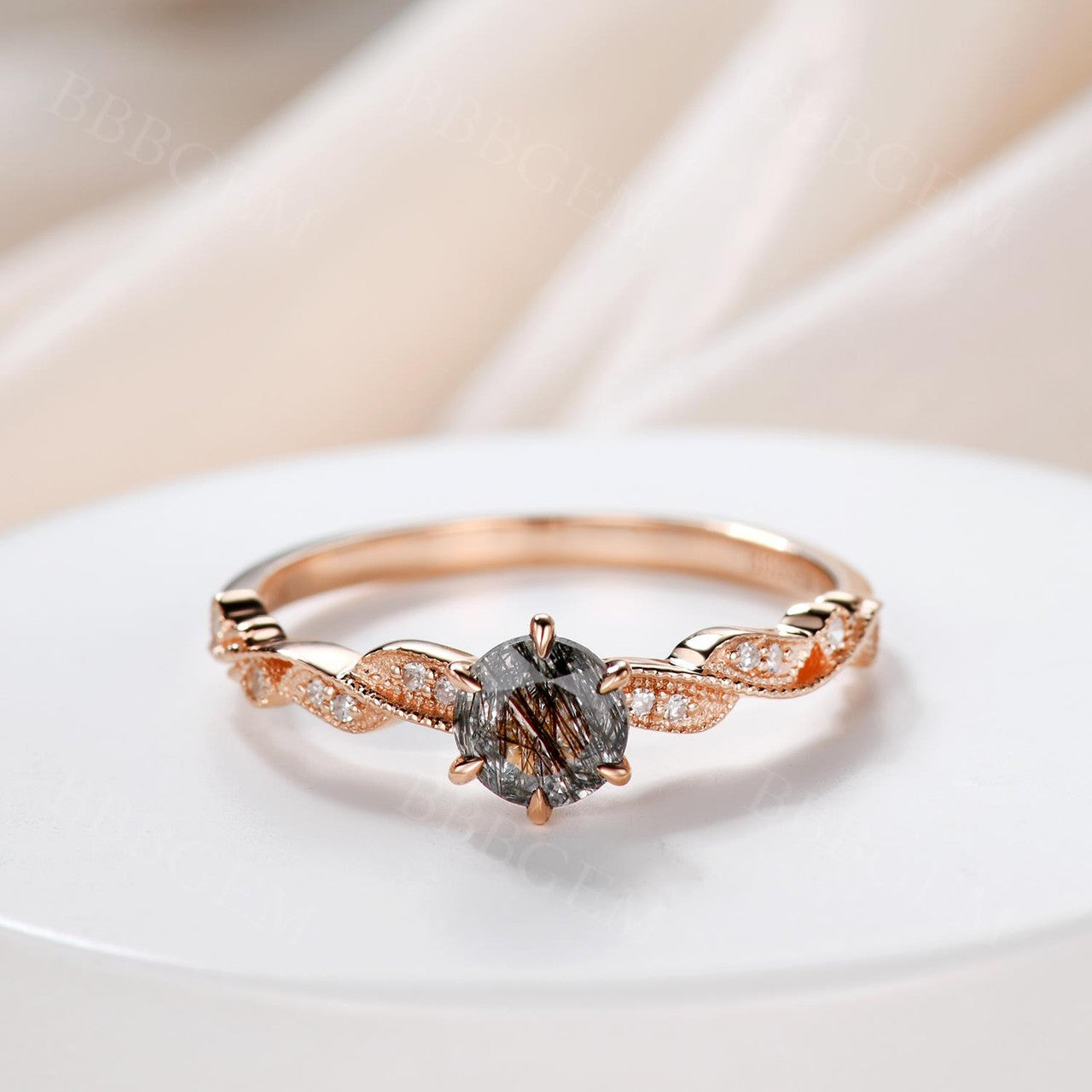 Natural Black Rutilated Quartz Engagement Ring with Diamond Accents - Elegant Wedding Band for Women, Perfect for Proposals, Anniversaries & Special Occasions