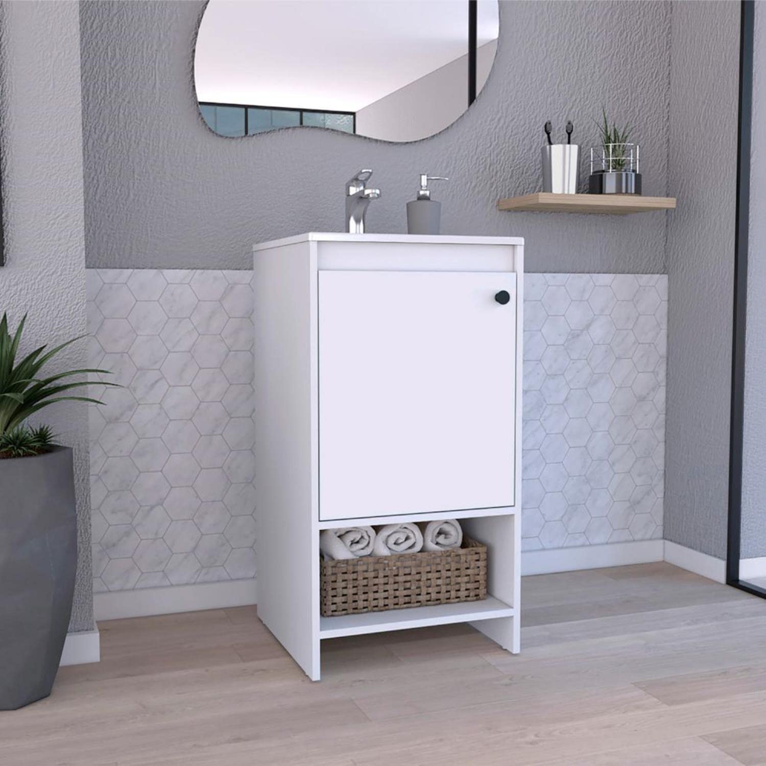 Braavos White Bathroom Vanity with Sink, 2 Shelves & Single Door Cabinet - Modern Storage Solution for Small Bathrooms, Powder Rooms & Guest Baths