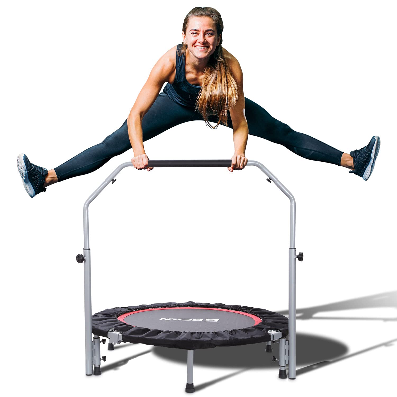 BCAN 40/48 Inch Foldable Mini Trampoline for Adults - 330/440 lbs Weight Capacity, Adjustable Foam Handle Fitness Rebounder - Indoor & Outdoor Exercise Equipment for Home Gym, Garden Workout, Cardio Training