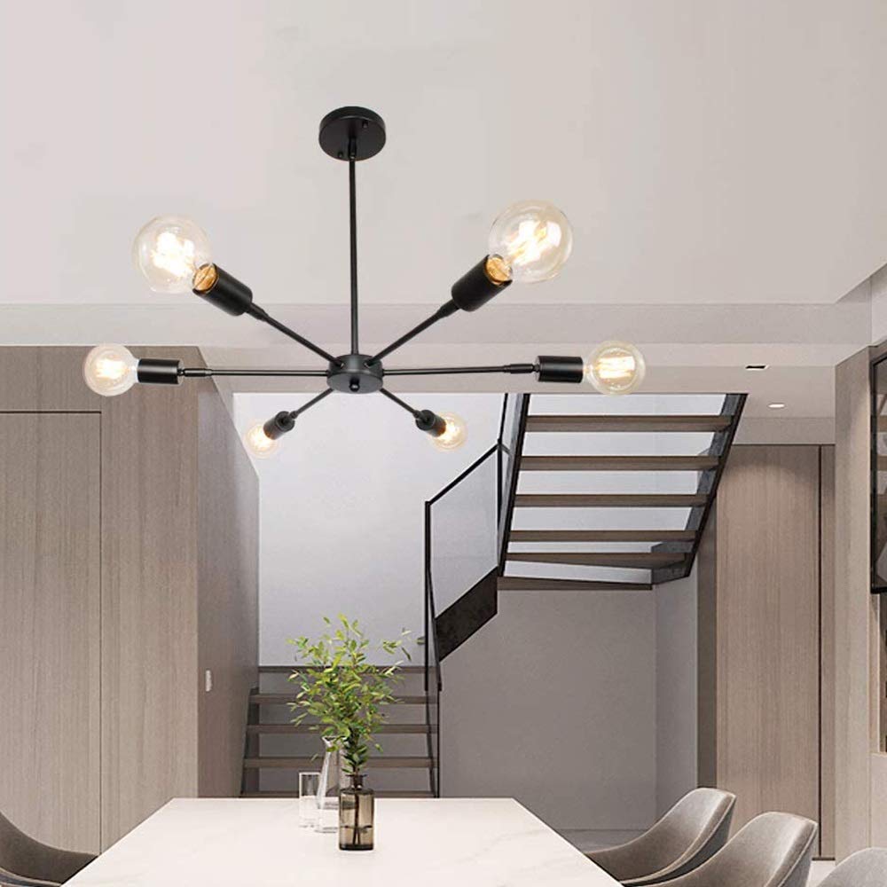 Farmhouse Chandelier 6-Light Black Industrial Ceiling Light - Semi-Recessed Wall Mounted Fixture for Dining Room, Bedroom & Hotel Decor - Modern Rustic Lighting for Home & Commercial Spaces