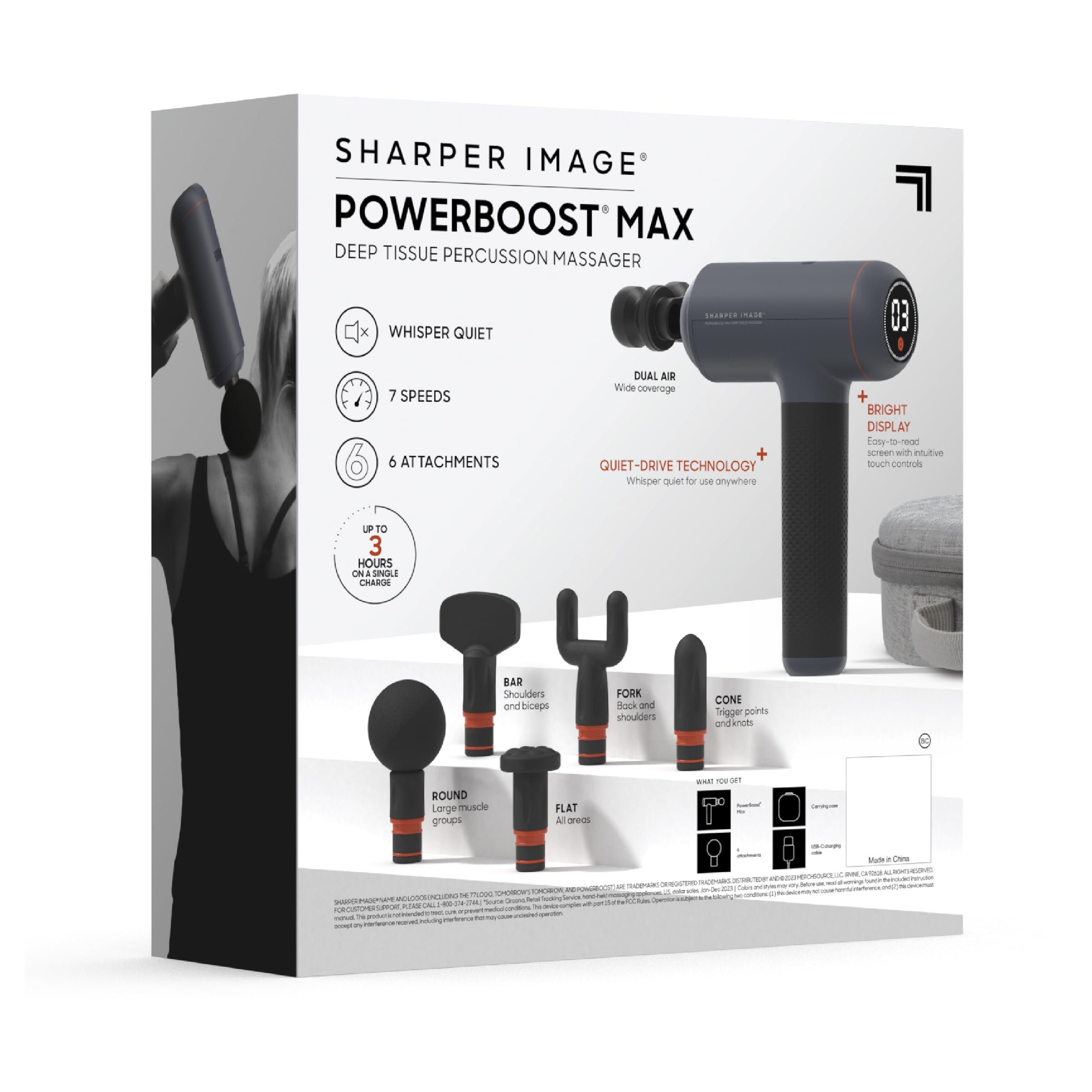 Sharper Image Powerboost Max Deep Tissue Massage Gun - 6 Attachments, 7 Speed Levels, Ultra Quiet Percussion Massager for Back, Shoulder, Leg & Full Body Pain Relief | Handheld Muscle Recovery Tool for Athletes, Post-Workout, Office Workers & Home Use