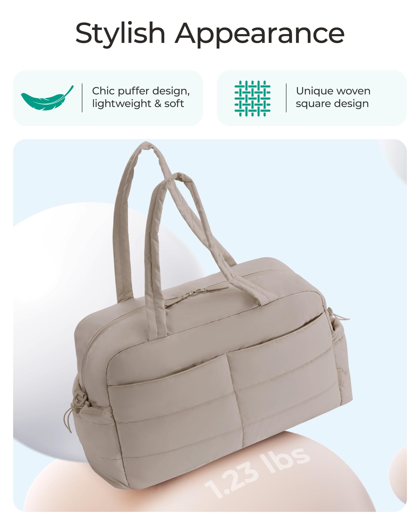 BAGSMART 31L Quilted Puffer Duffle Bag for Women - Gym, Travel & Weekender Overnight Bag with Laptop Compartment | Perfect for Workouts, Business Trips & Weekend Getaways (Khaki)