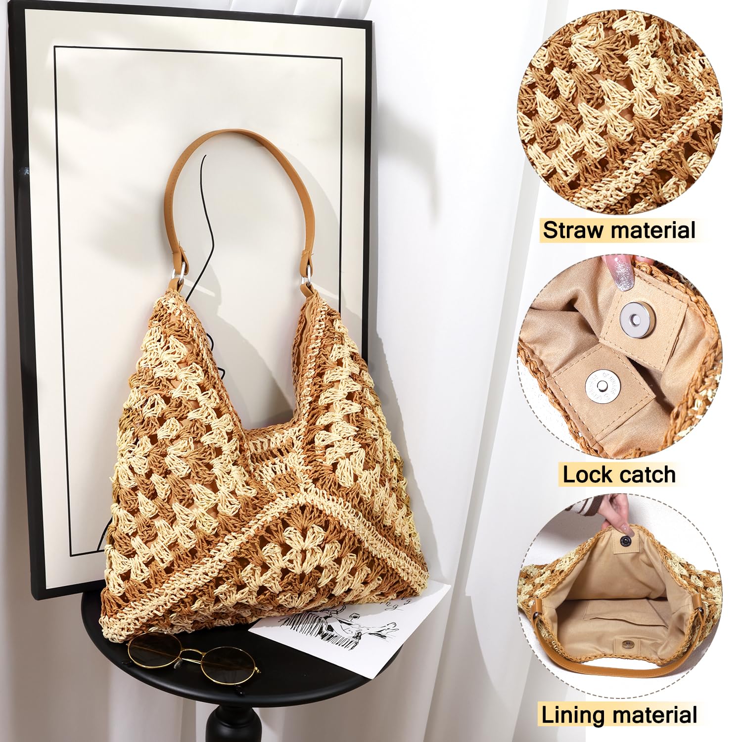 hatisan Straw Beach Bag for Women - Summer Woven Tote Shoulder Handbag, Boho Style Beach Bag for Pool, Vacation & Outdoor Activities