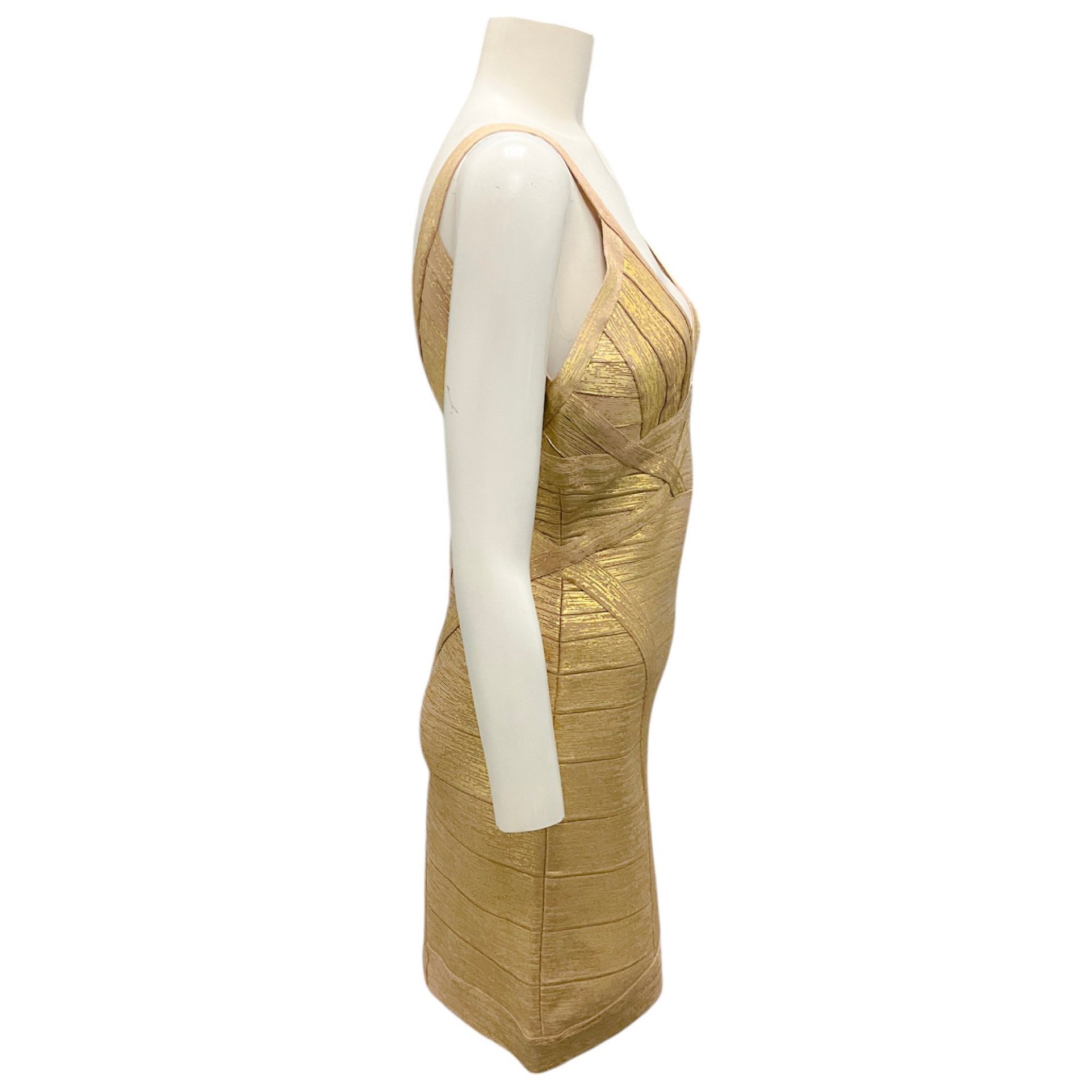 Herve Leger Gold Champagne Ari Bandage Mini Dress - Sexy Bodycon Cocktail Party Dress for Women | Perfect for Night Out, Club, Date Night & Special Occasions