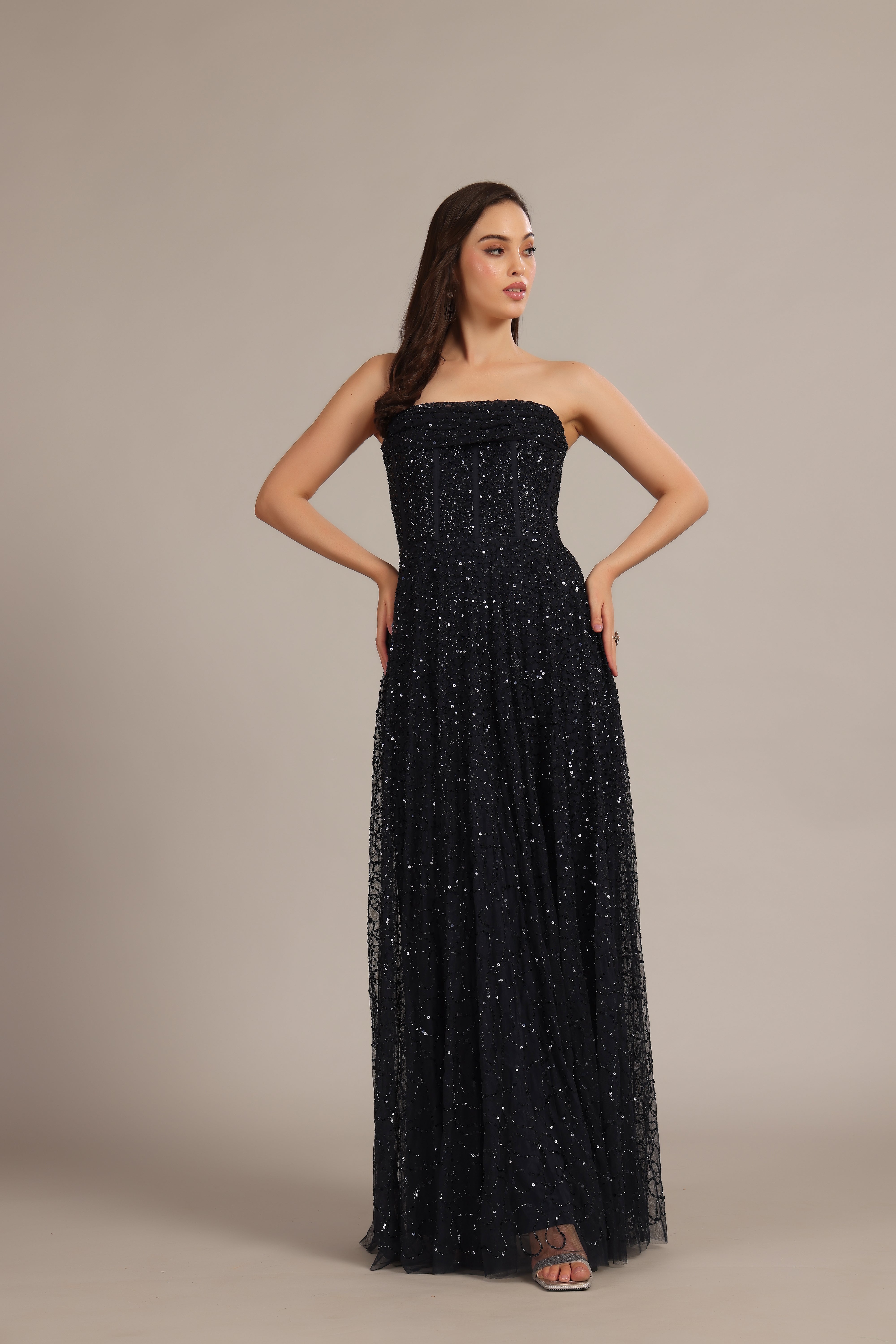 Leona Navy Blue Embellished Maxi Dress for Women - Elegant Evening Gown for Weddings, Parties & Special Occasions