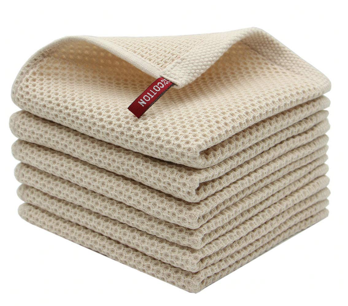 Premium Waffle Weave Dish Towels - 6 Pack Ultra Absorbent Natural Cotton Kitchen Towels for Washing Dishes, Cleaning & Drying (12x12 Inches, Beige) | Ideal for Daily Kitchen Use, Dish Drying & Hand Wiping