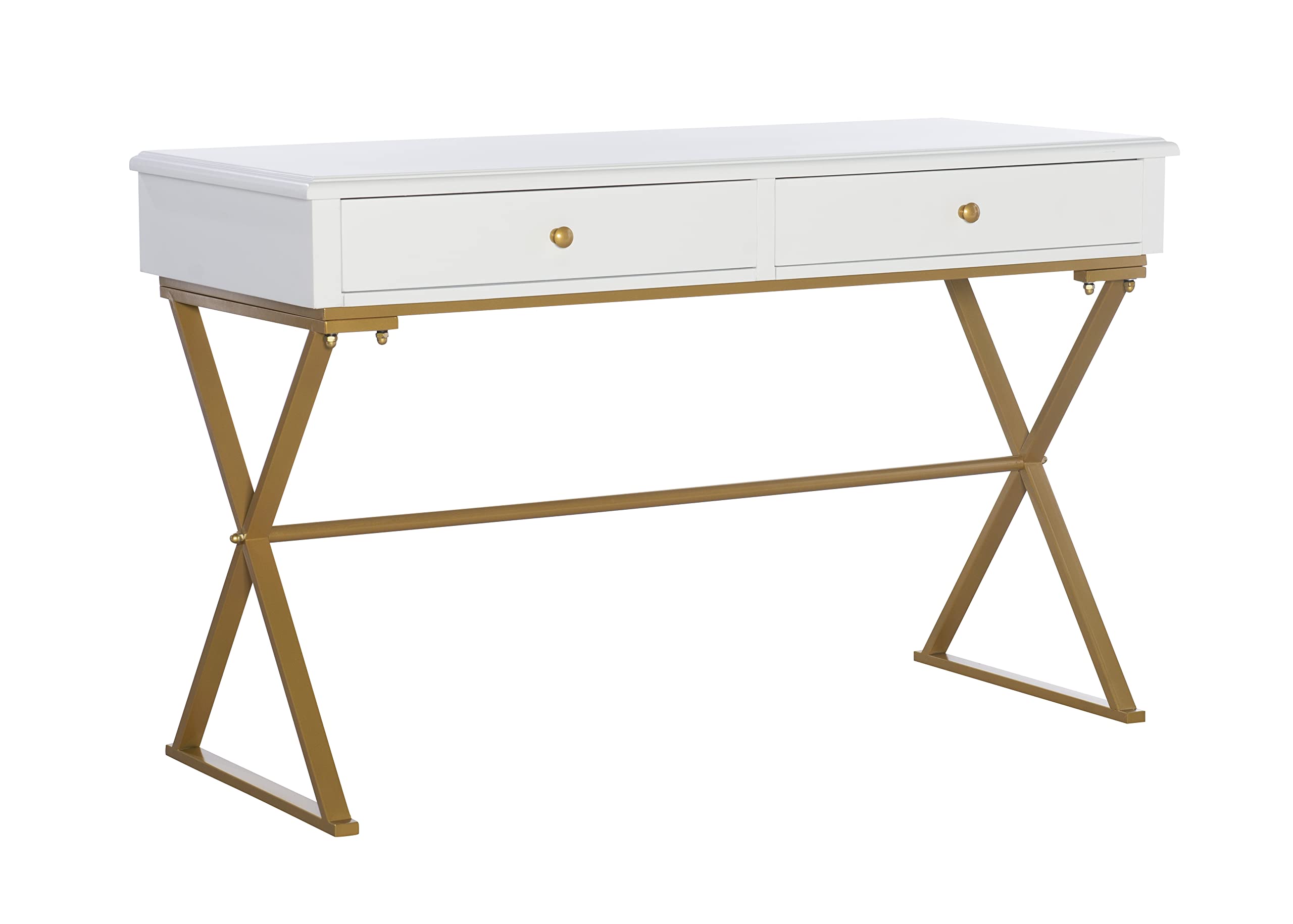 Linon Harli White Two-Drawer Campaign Desk - Compact Home Office Writing Table with Storage | Perfect for Small Spaces, Dorm Rooms & Workstations