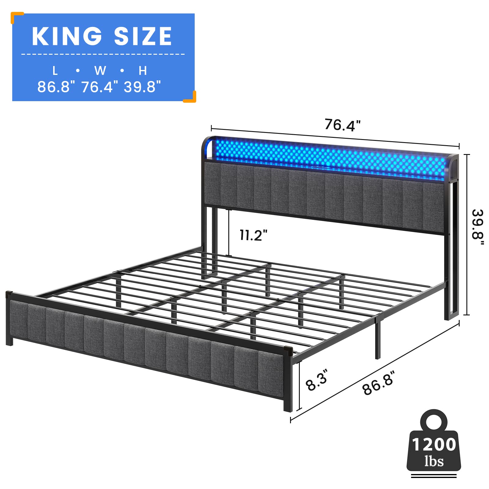 King Size Bed Frame with Storage Headboard - Built-in Shelf, Power Outlet & RGB Lighting, Pegboard Design, Linen Upholstered Platform Bed, Reinforced 2-Row Mid-Beams, No Box Spring Required (Dark Grey) - Perfect for Modern Bedrooms, Guest Rooms & Small Spaces with Storage Needs