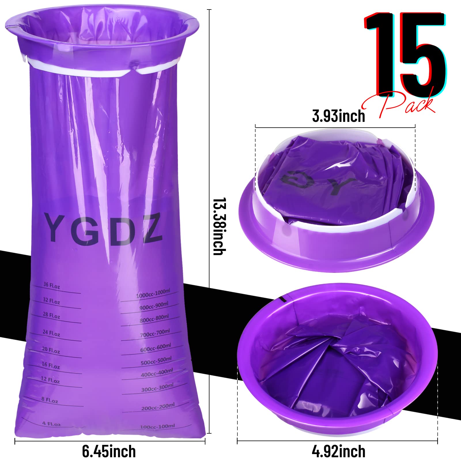 YGDZ 15 Pack Disposable Barf Bags for Travel - Motion Sickness Vomit Bags for Cars, Airplanes & Boats - Purple Emesis Bags for Nausea Relief (Perfect for Road Trips, Flights & Cruise Vacations)