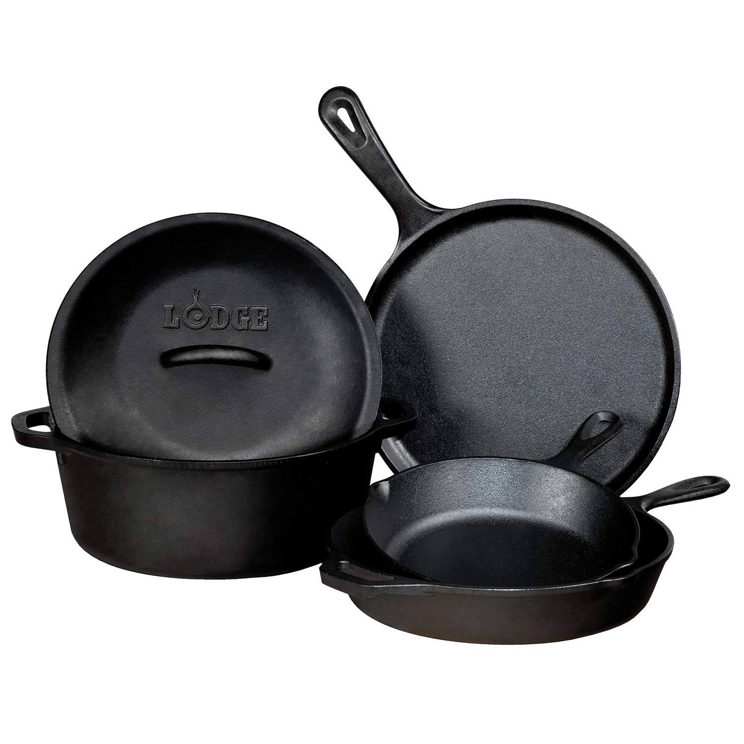 Lodge Pre-Seasoned Cast Iron Cookware 5-Piece Set with Care Kit – Perfect for Grilling, Baking & Camping | Durable & Non-Stick Skillet, Dutch Oven & More