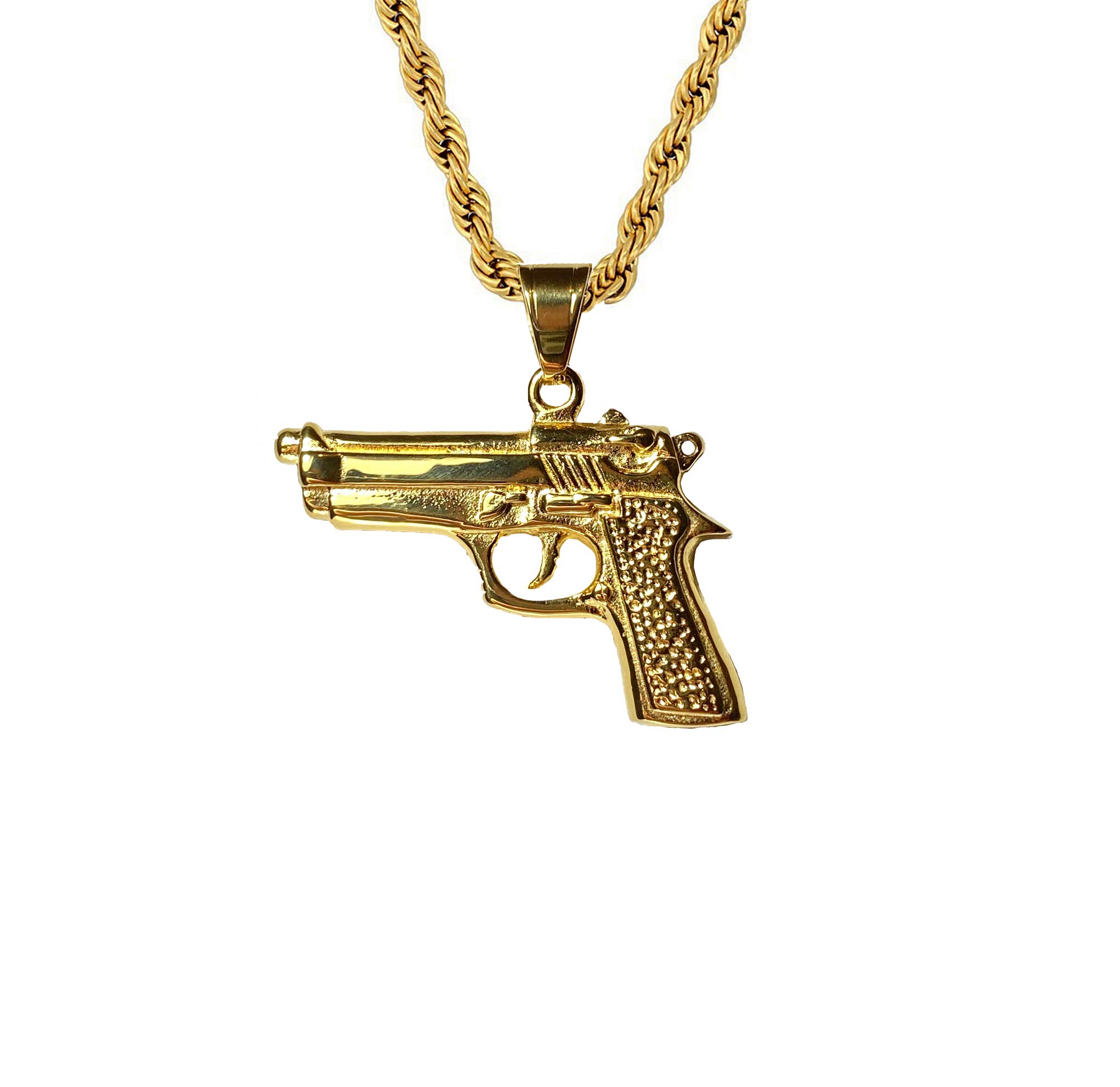 14k Gold Finish Gun Revolver Pistol Pendant Necklace for Men & Women - 2.5mm Stainless Steel Rope Chain - Perfect for Shooting Range, Hunting Gifts & Military Apparel Accessories