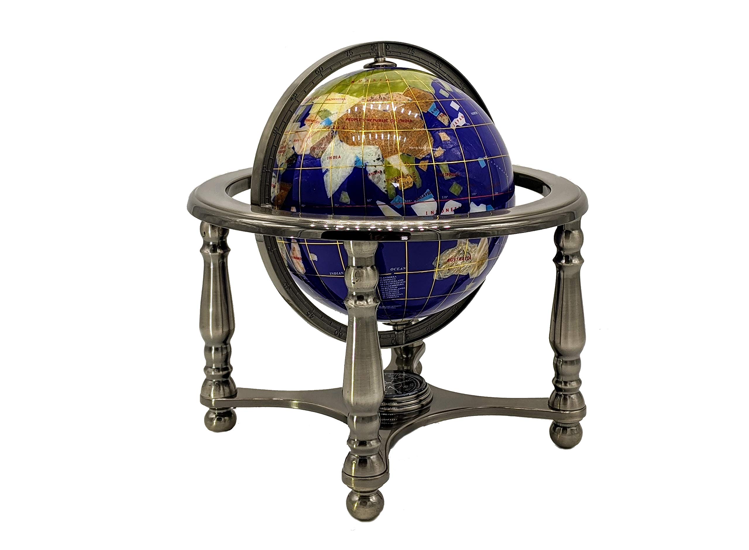 10-Inch Blue Lapis Ocean Gemstone World Globe with Silver Stand - Unique Handcrafted Tabletop Decor for Home, Office & Gifts - Perfect for Geography Lovers, Travel Enthusiasts & Elegant Interior Design