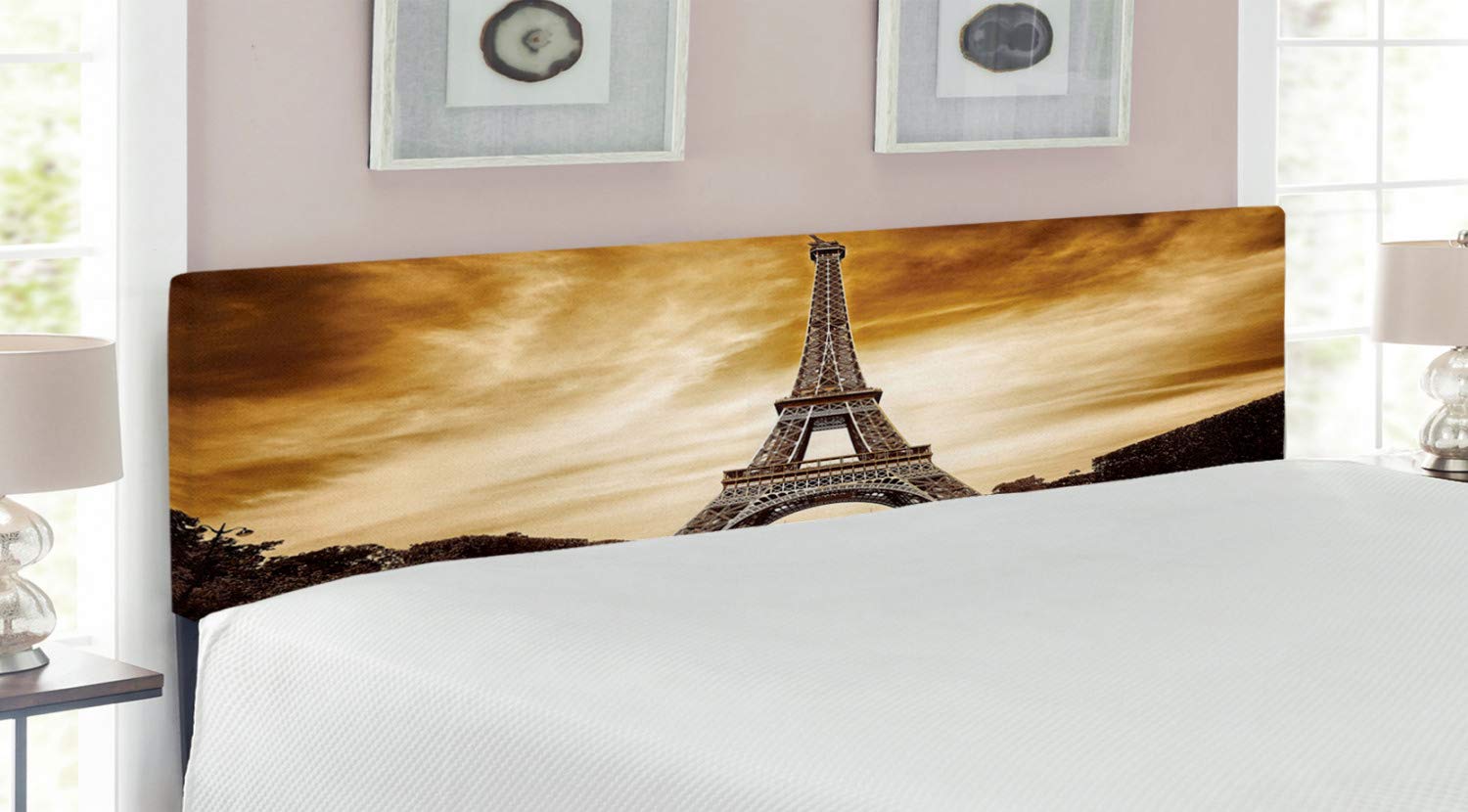 Ambesonne Eiffel Tower Headboard - Paris France Brown Sky Abstract Landscape Design - Upholstered Metal Bed Headboard with Memory Foam - King Size Yellow & Brown - Perfect for Paris-Themed Bedrooms & Luxury Hotel Decor