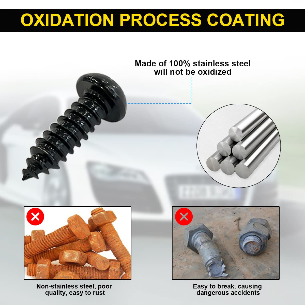Black Anti-Theft License Plate Screws - Stainless Steel Car Tag Mounting Hardware Kit with Rustproof Screws, Caps & Nuts for Secure Locking License Plate Frames & Covers | Perfect for Theft Protection & Vehicle Security on Cars, Trucks & SUVs