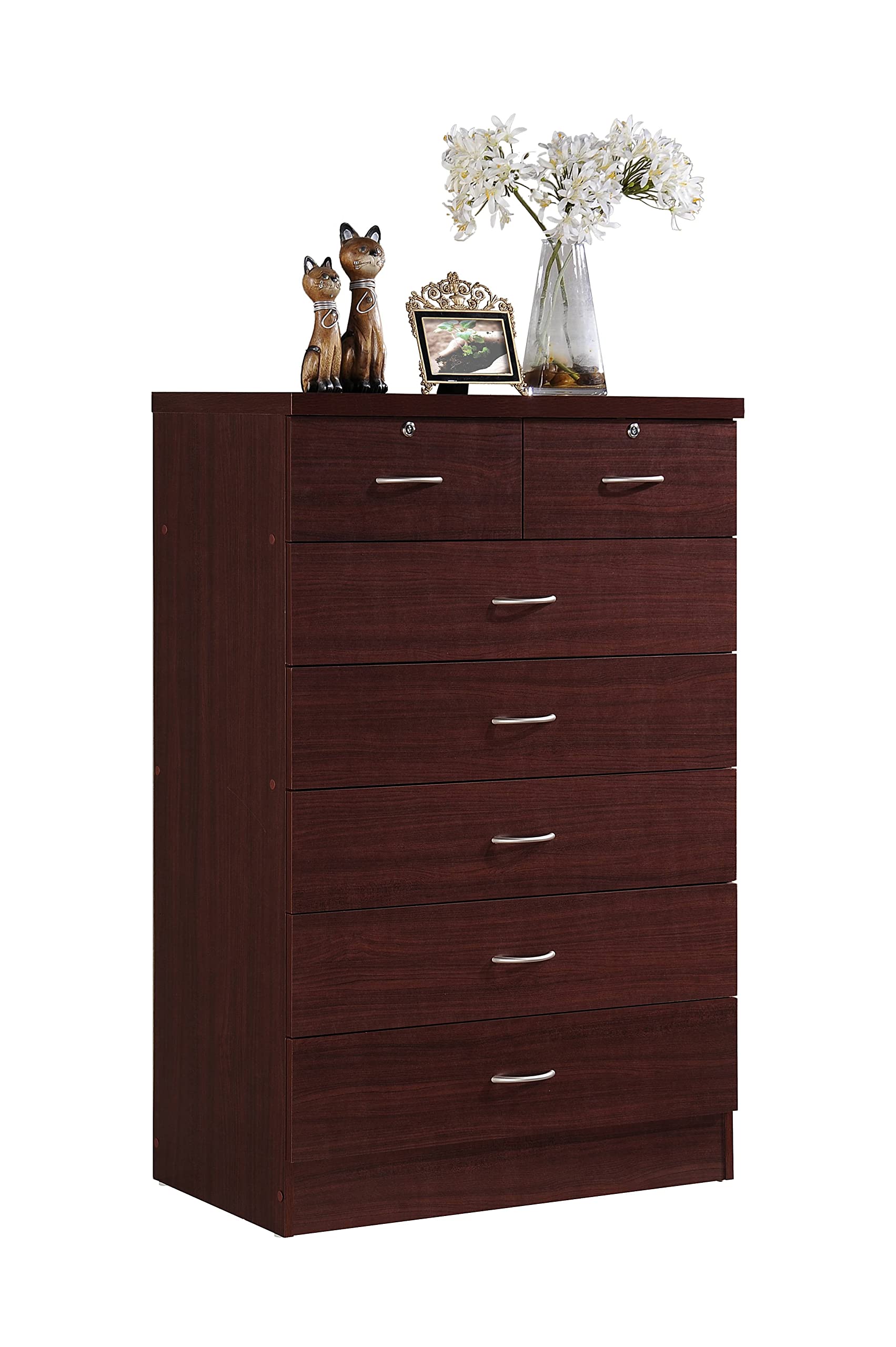 HODEDAH 7-Drawer Wooden Dresser for Bedroom - 31.5 Inch Wide Chest of Drawers with 2 Locking Top Drawers - Mahogany Storage Organizer for Clothes, Bedroom Furniture - Perfect for Master Bedroom, Guest Room & Dorm Organization