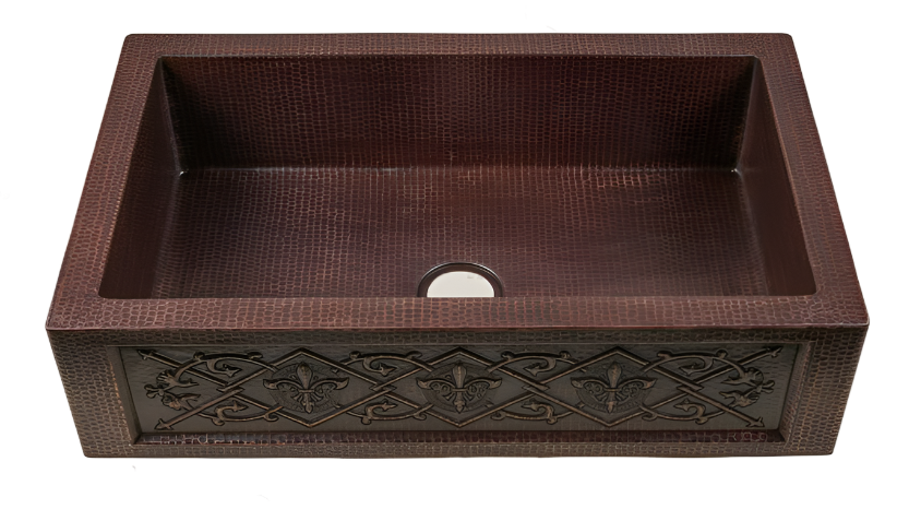 Elegant Fleur de Lis & Diamond Design Copper Farmhouse Kitchen Sink - Vintage Farmhouse Style for Rustic & Modern Kitchens