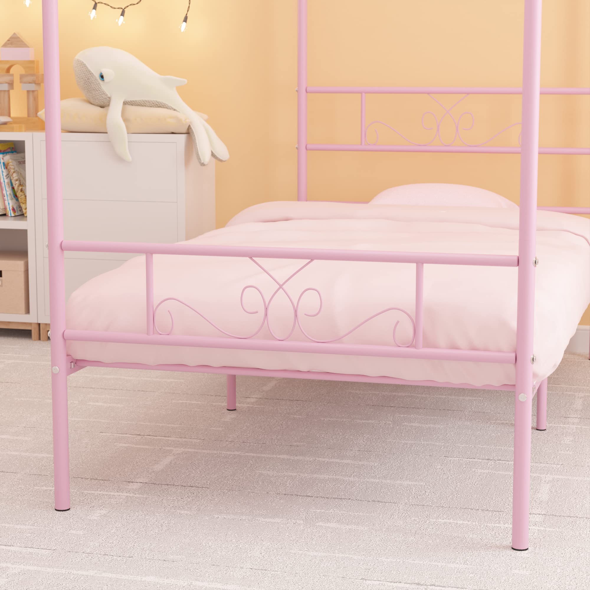 Weehom Twin Canopy Bed Frame with Headboard and Footboard - 4 Poster Metal Bed Frame for Kids & Adults - No Box Spring Needed - Sturdy Mattress Foundation Platform Bed in Pink - Perfect for Bedrooms, Guest Rooms & Dorm Decor