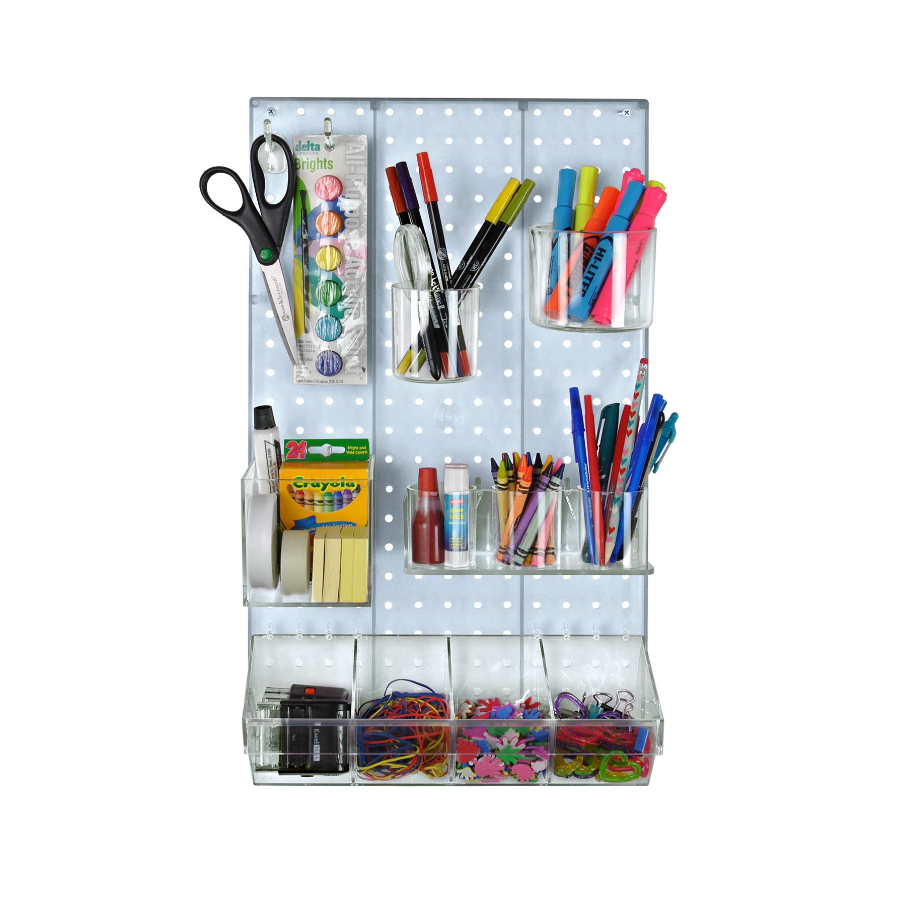 Azar Displays 900942-CLR DIY 12-Piece Pegboard Wall Organizer Kit with Panel, Hooks, Bins & Cups - Space Saving Storage for Hair Accessories, Tools & Craft Supplies - Perfect for Bedroom, Bathroom, Garage & Workshop Organization