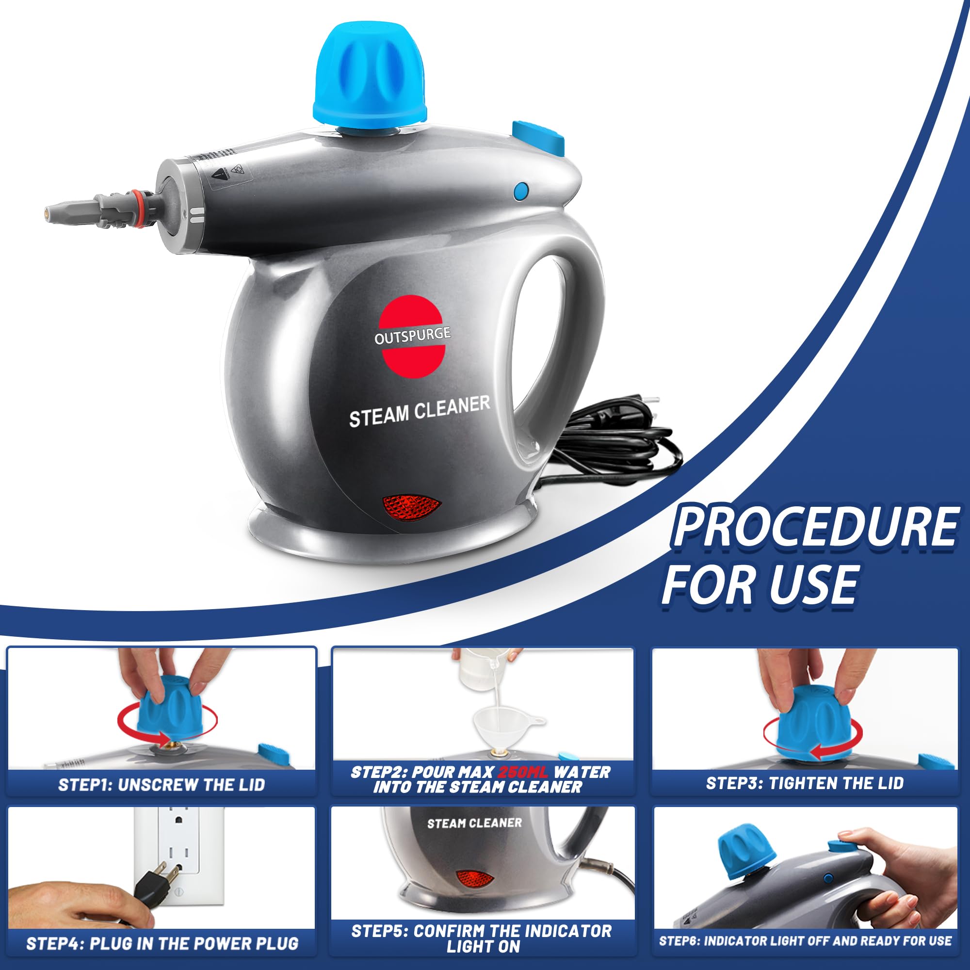 Handheld Steam Cleaner with 13 Accessories - Multi-Surface Pressurized Steam Shot for Floors, Upholstery, Grout, Windows & Cars | Safety Lock & Grey Design | Perfect for Home Deep Cleaning, Car Detailing & Sanitizing