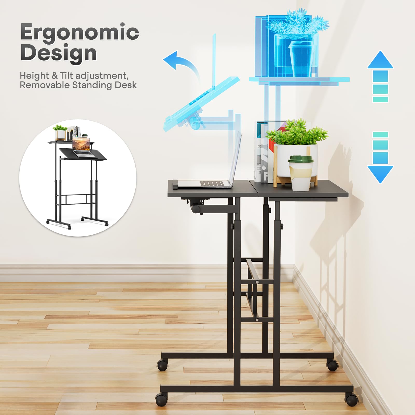 Adjustable Height Rolling Desk - Mobile Portable Laptop Stand Cart with Wheels, Small Sit to Stand Computer Table Workstation for Home Office (Black) | Perfect for Remote Work, Small Spaces & Ergonomic Workspaces