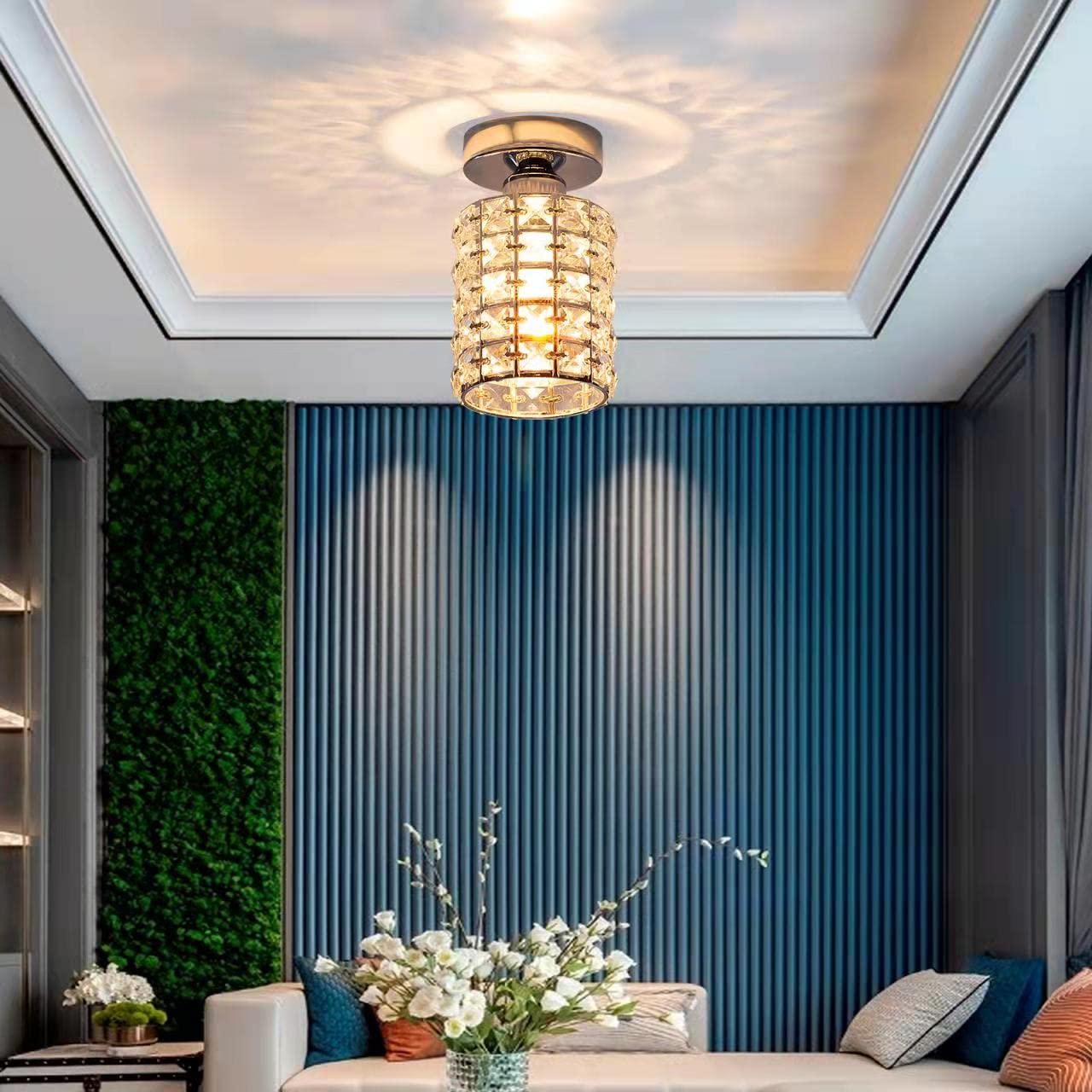 Modern Crystal Semi Flush Mount Ceiling Light Fixture - Small Chandelier Pendant Lamp for Bathroom, Hallway, Cafe, Bar, Porch & Indoor Lighting | Elegant Home & Commercial Decor
