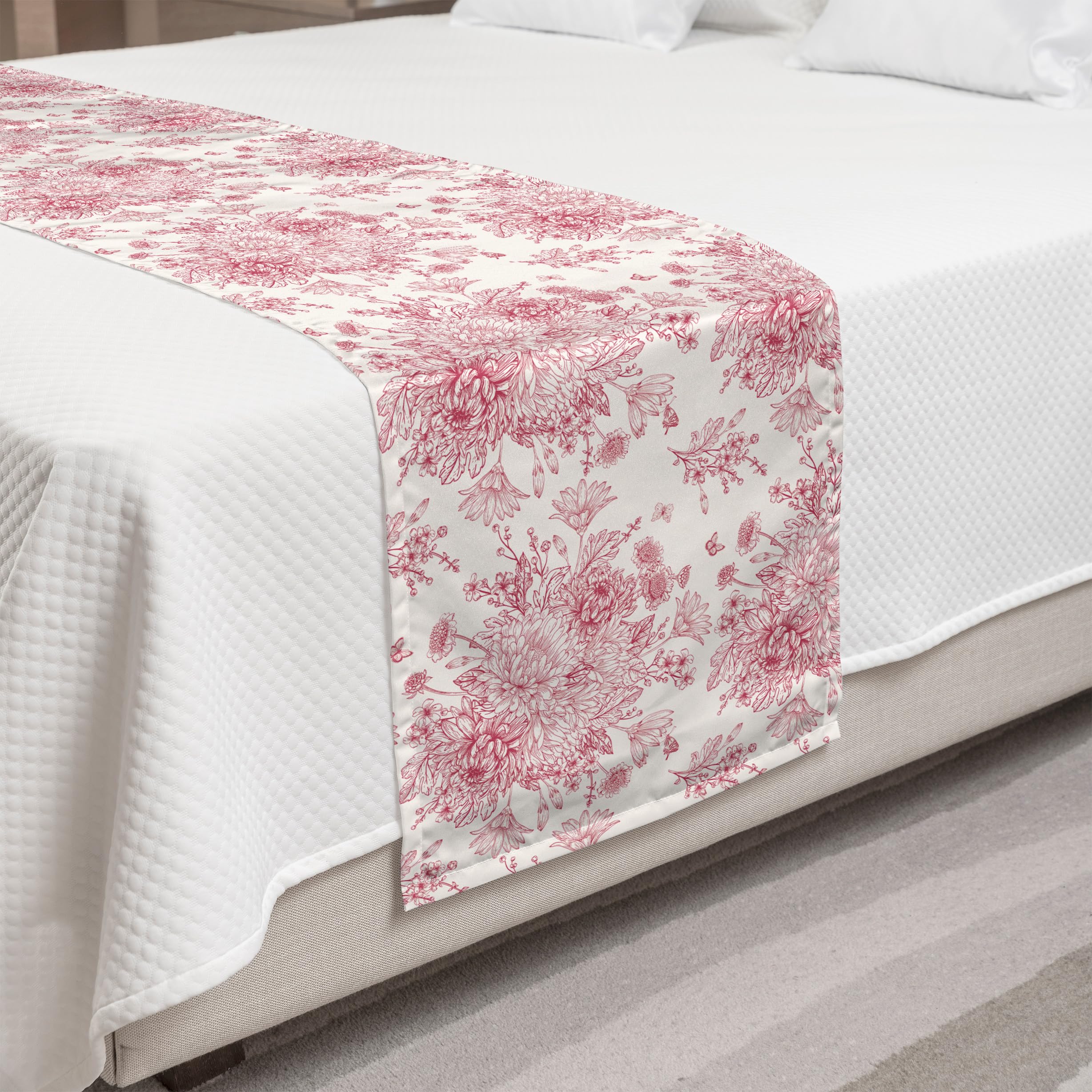 Ambesonne Vintage Botany Bed Runner - English Garden Floral & Butterfly Design, Decorative Bed Scarf for Hotels, Homes & Guest Rooms in Pale Rose & Ruby | Perfect for Bedroom Decor, Wedding Accents & Boho Chic Styling