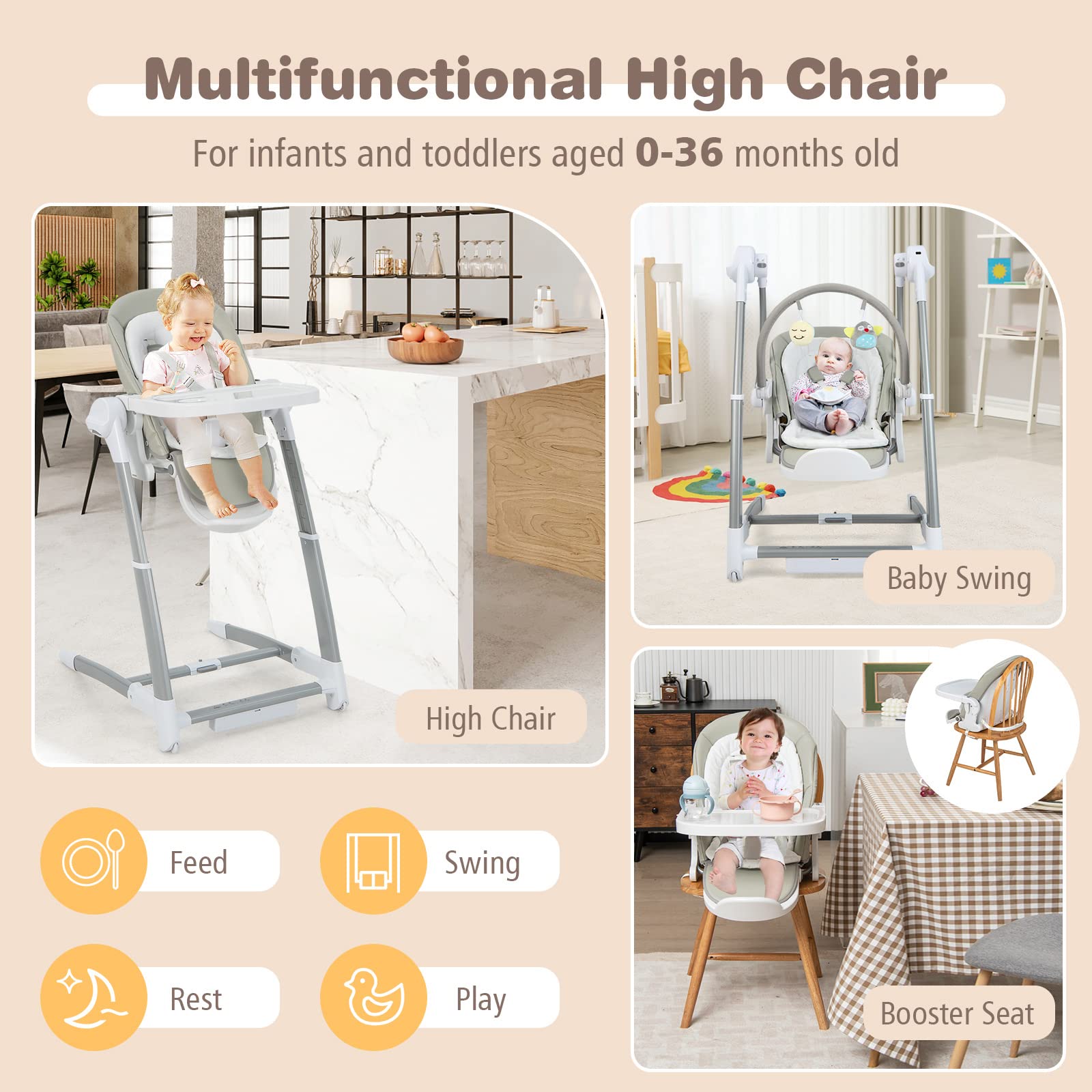 **HONEY JOY 3-in-1 Baby Swing & Convertible High Chair for Infants & Toddlers – Portable Infant Swing with Music, Wheels & Double Food Tray – Compact, Easy-Folding Booster Seat (Gray) – Perfect for Home, Travel & Daycare Use**