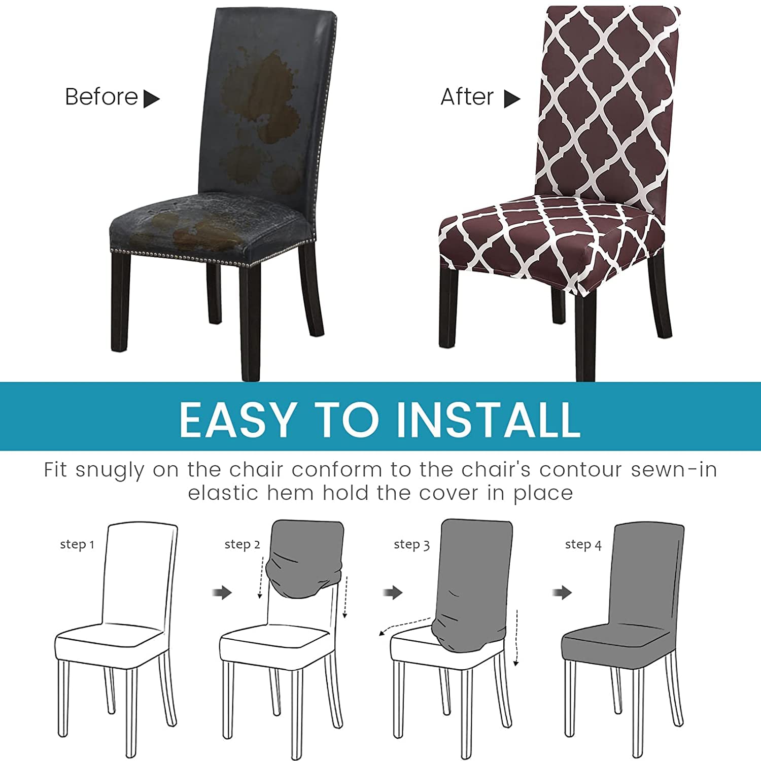 OKYUK 4-Pack Elastic Dining Chair Covers - Stretchable, Washable & Removable Seat Protectors for Kitchen, Wedding, Banquet & Party Decor (Brown) | Perfect for Home, Restaurant & Event Decorations