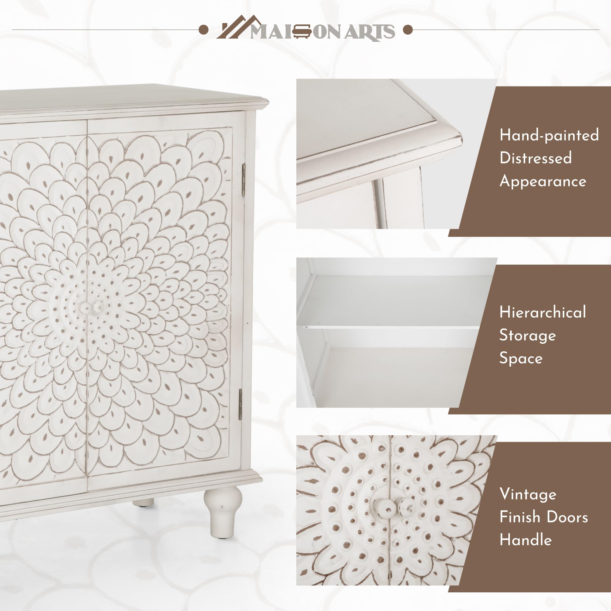 MAISON ARTS White Farmhouse Accent Cabinet - 2 Door Distressed Storage Cabinet with Solid Wood Legs | Entryway Console, Living Room Sideboard, Kitchen Buffet Storage | Feather Pattern Design for Home Decor