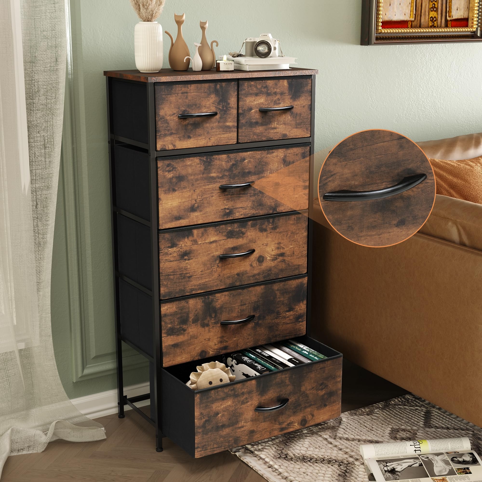 6-Drawer Tall Skinny Dresser for Bedroom - Rustic Brown Wooden Top Steel Frame Storage Organizer Tower | Perfect for Closet, Living Room & Hallway Organization | Space-Saving Furniture for Small Apartments & Dorm Rooms