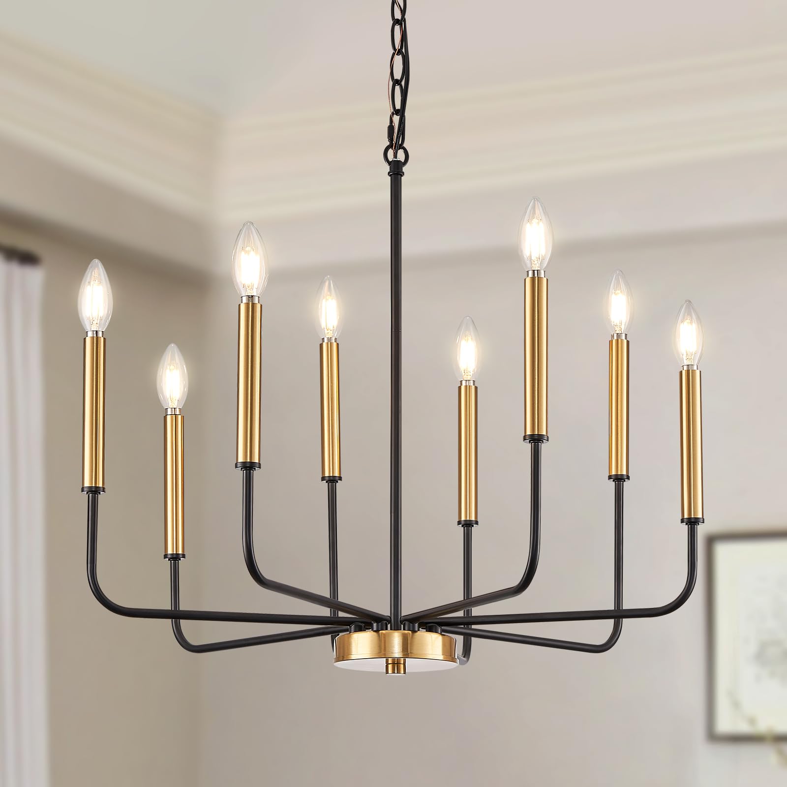 Modern Black and Gold 8-Light Farmhouse Chandelier - Metal Hanging Candle Lighting Fixture for Dining Room, Kitchen, Living Room, Foyer, Entryway & Bedroom | Elegant Ceiling Light for Home Decor, Wedding & Restaurant Ambiance