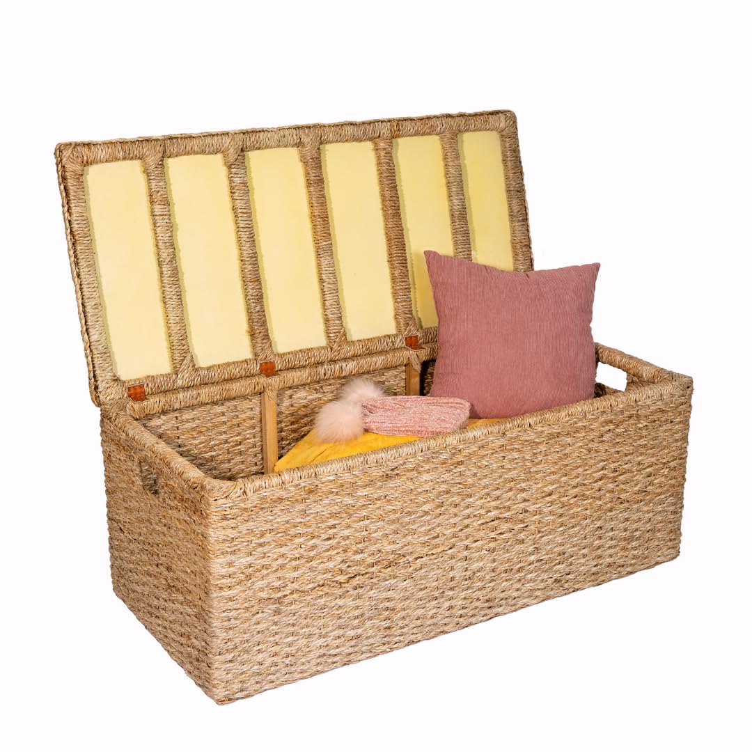 Extra Large Wicker Storage Bench with Lid - Rattan Ottoman Coffee Table, Seagrass Toy Box & Bedside Organizer | Handwoven for Living Room, Bedroom & Nursery Storage Solutions