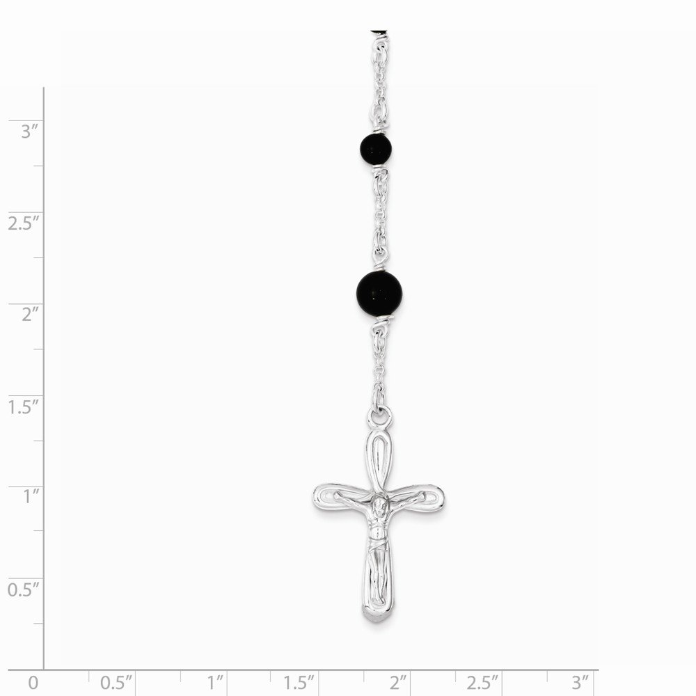 925 Sterling Silver Black Onyx Rosary Necklace with Cross Pendant - 33