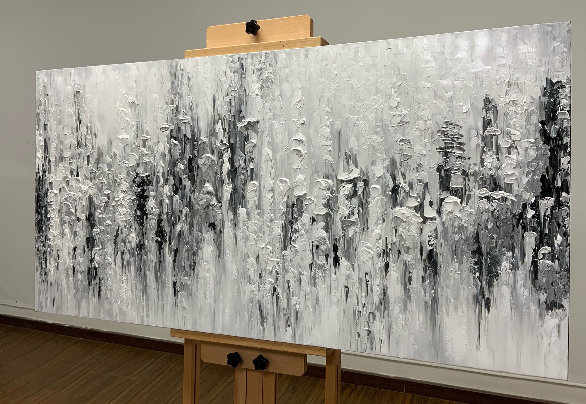 Modern Abstract Hand Painted Oil Painting - 24x48 Inches Black & White Canvas Art with Wood Frame - Wall Decor for Living Room, Bedroom, Office & Dining Room - Unique Home Decor Gift Idea