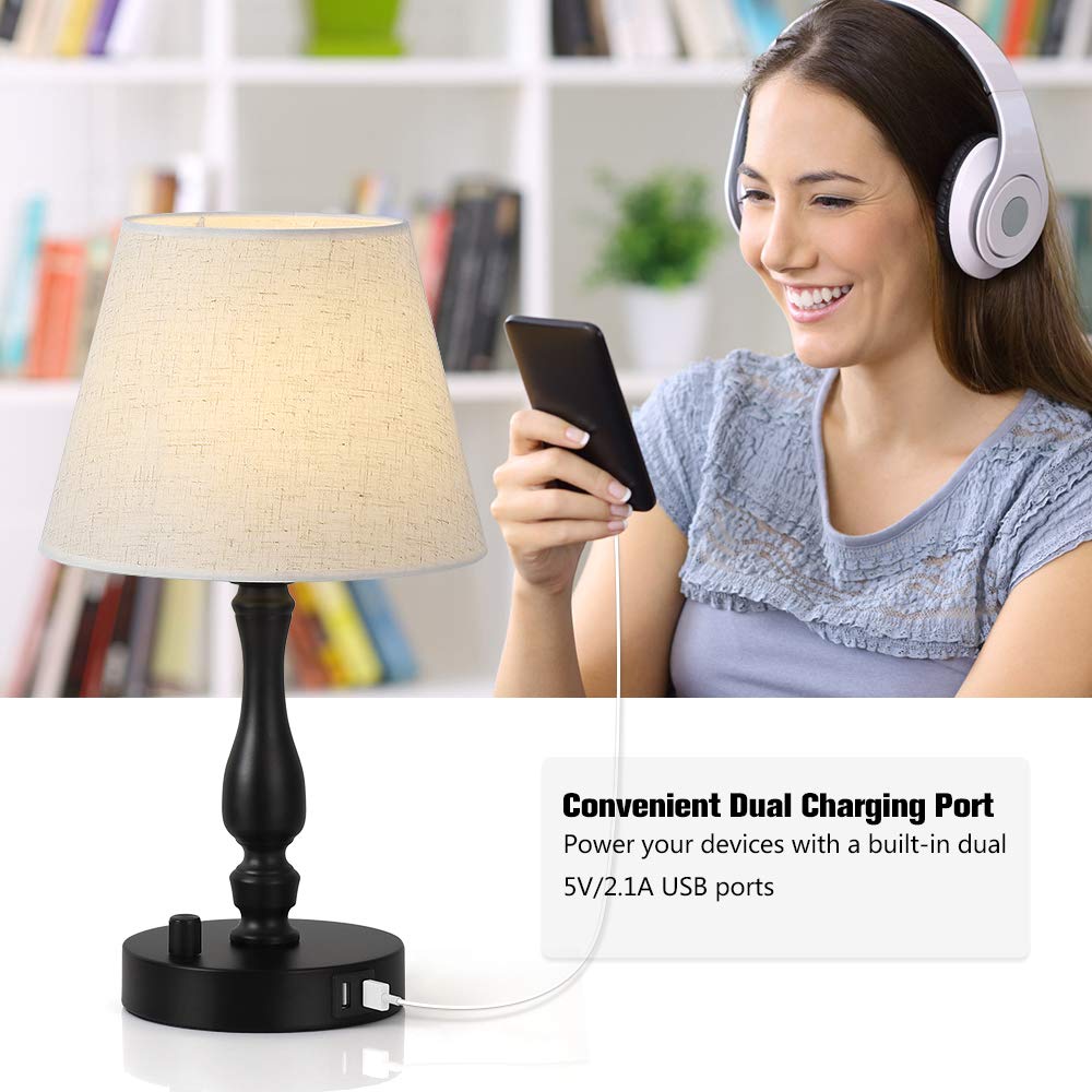 Dual USB Bedside Table Lamp Set of 2 with Fast Charging Ports - Modern Nightstand Lamp for Bedroom, Living Room, Office & Study - Perfect for Reading, Working & Nighttime Use