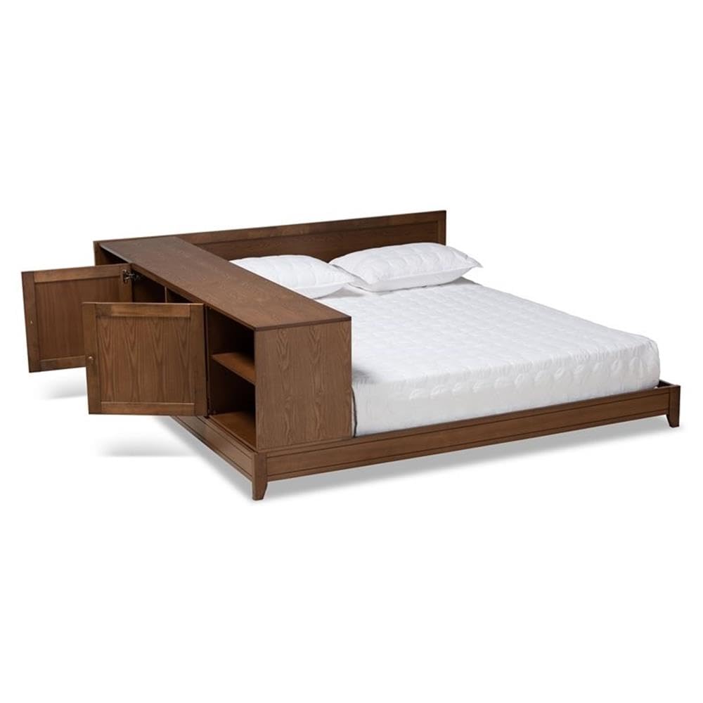 BOWERY HILL Queen Size Platform Storage Bed - Solid Walnut Brown Wood Frame with Underbed Storage | Modern Bedroom Furniture for Small Spaces & Guest Rooms