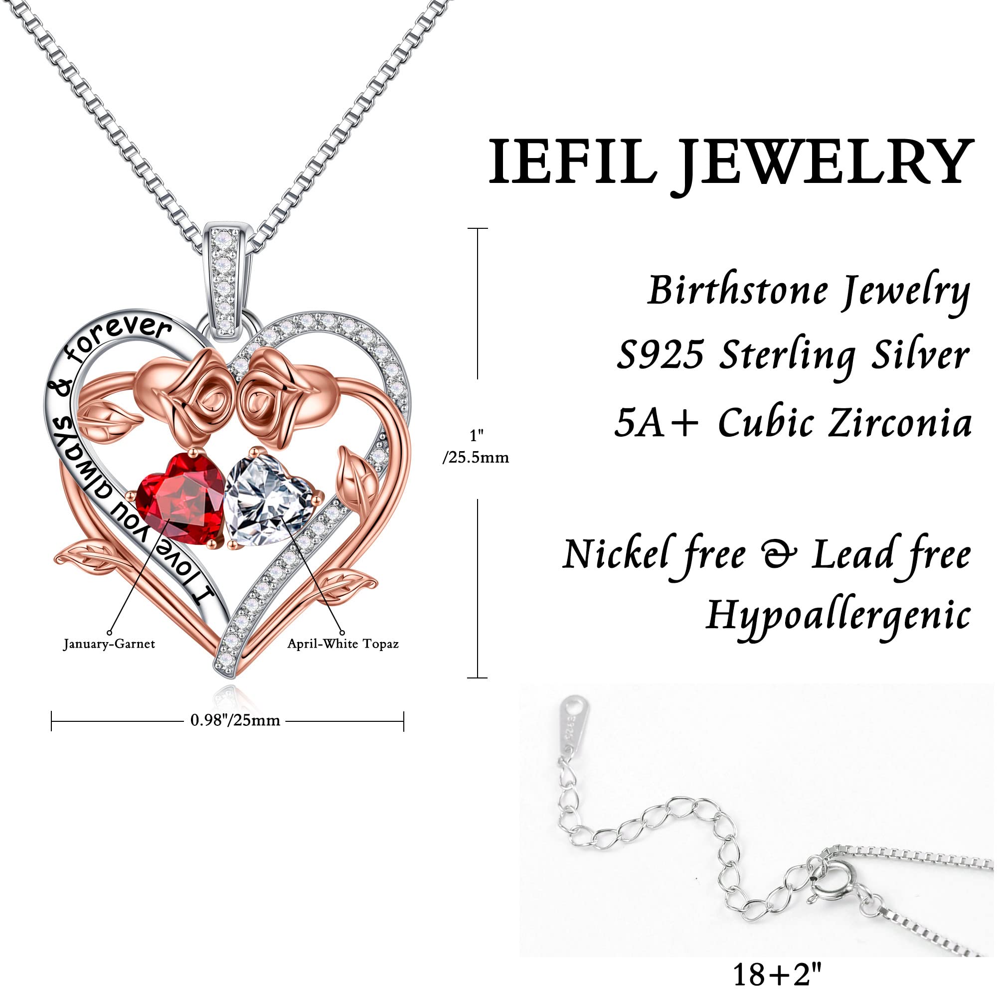 Rose Heart Double Birthstone Necklace - Personalized Jewelry Gift for Wife, Girlfriend, Mom & Grandma | Elegant Gemstone Pendant for Birthday, Anniversary & Special Occasions | Perfect for Romantic Dates, Family Gatherings & Everyday Wear