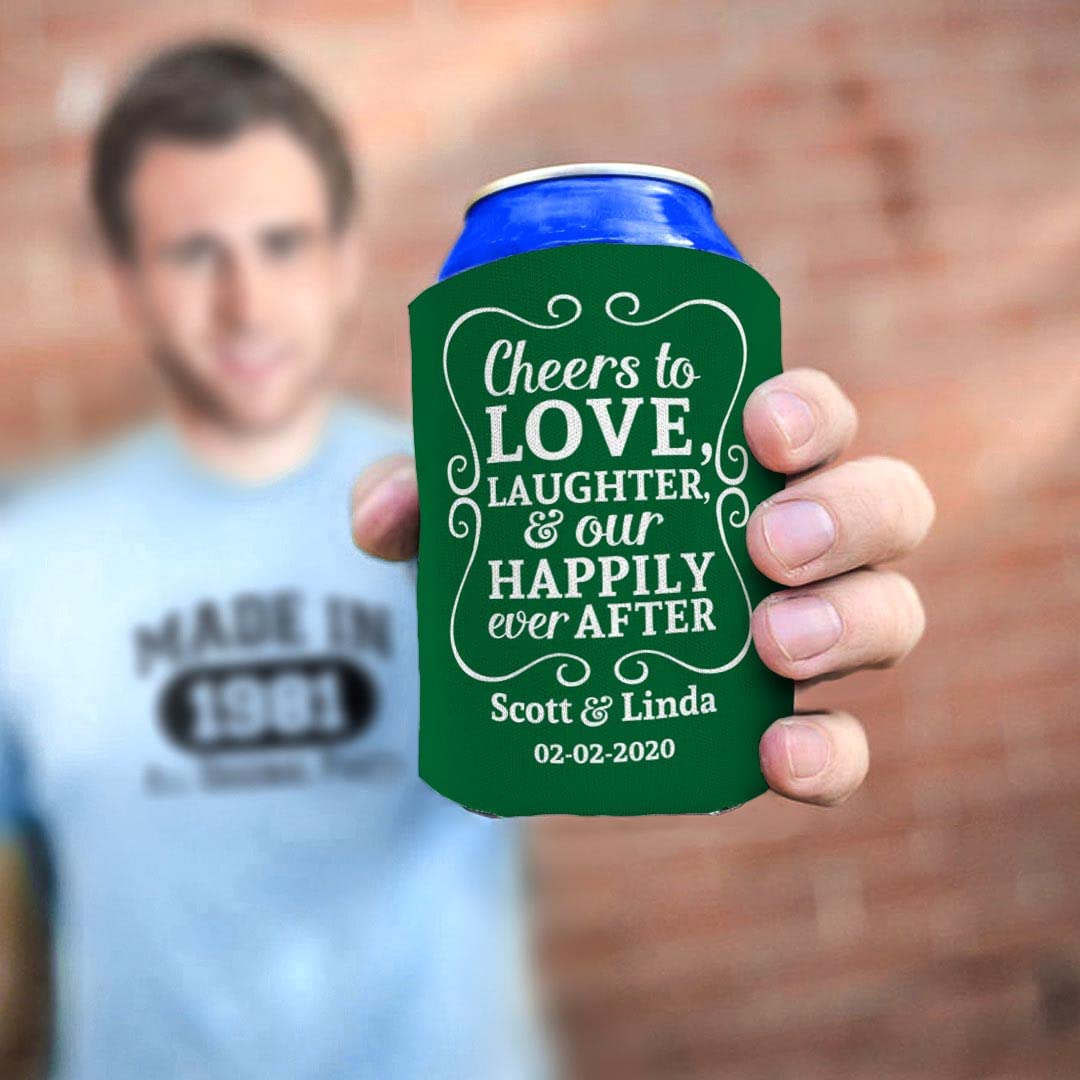 Cheers To Love Custom Names & Date 48-Pack Personalized Can Coolers - Wedding, Anniversary, Bridal Shower, Birthday Party Drink Sleeves for Beer & Soda Cans - Forest Design