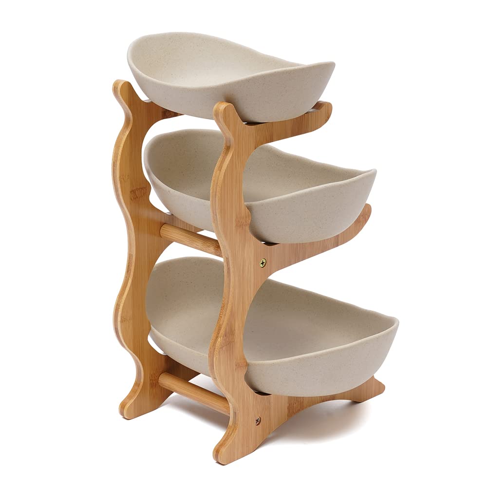 3-Tier Ceramic Fruit Basket Bowl Set - Oval Serving Bowl for Fruits, Vegetables, Snacks, Candy & Sushi Display | Perfect for Kitchen Counter, Dining Table, Party Buffet & Home Decor (Brown)
