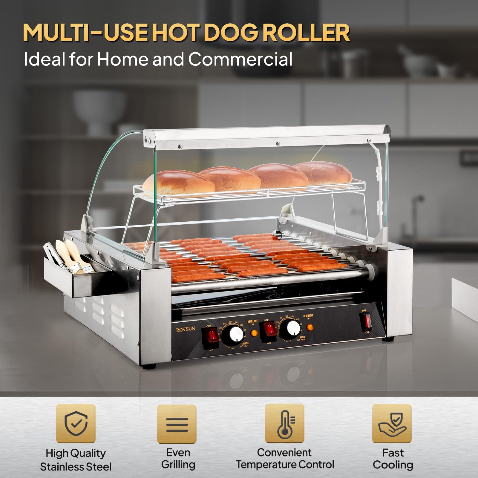 ROVSUN Commercial Hot Dog Roller Machine - 11 Rollers, 30 Hot Dogs Capacity, Dual Temperature Control with LED Lighting, Removable Shelf & Drip Tray - Perfect for Parties, Home Use, Food Trucks, and Outdoor Events (ETL Certified 1650W)