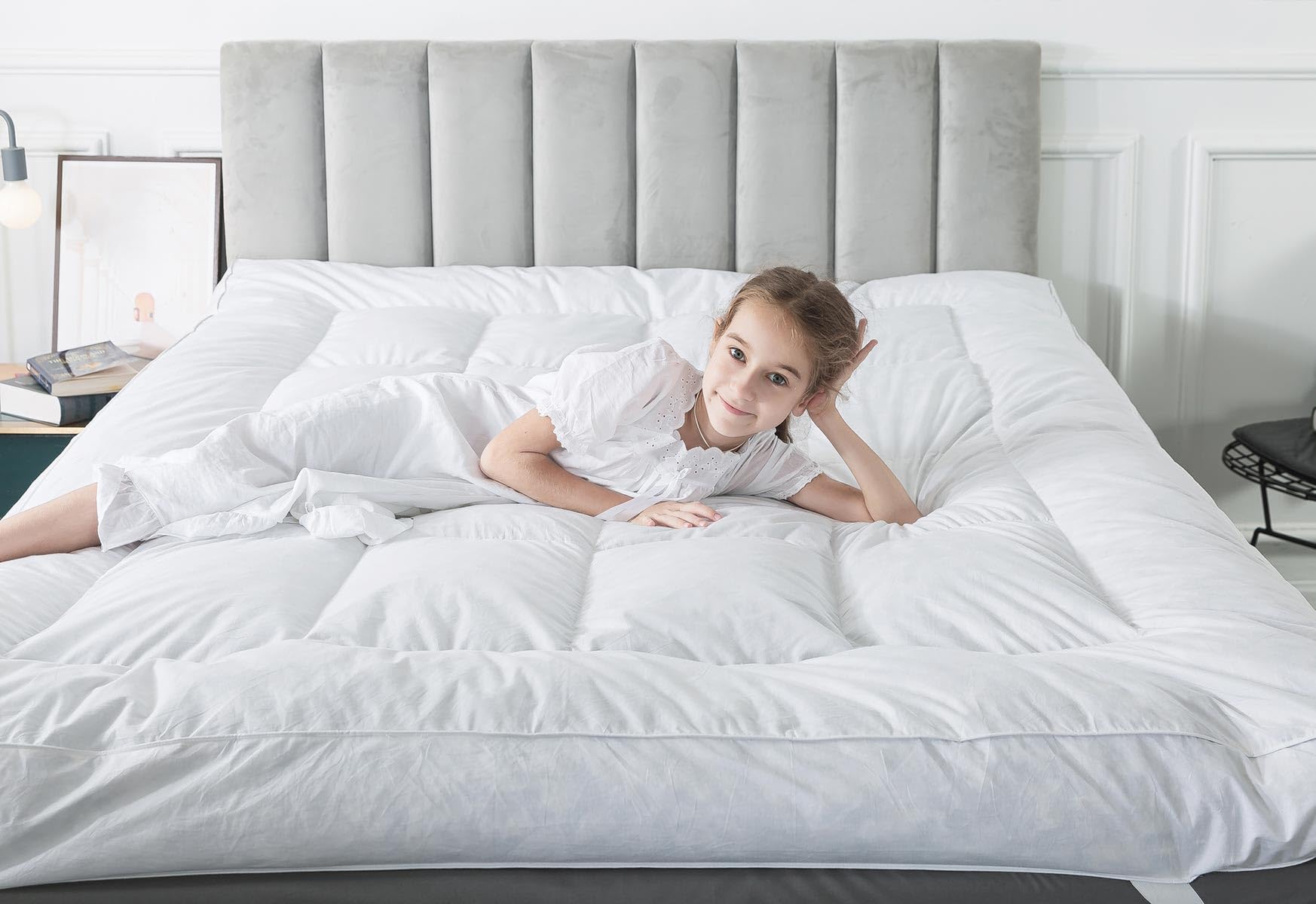 Premium 5 Inch Duck Feather Bed Mattress Topper Full Size - 100% Cotton, 2500GSM Overfilled Pillow Top - Hotel Collection Luxury Bedding - 54x75 Inches Bright White - Perfect for Guest Rooms, Master Bedrooms & Luxury Hotels