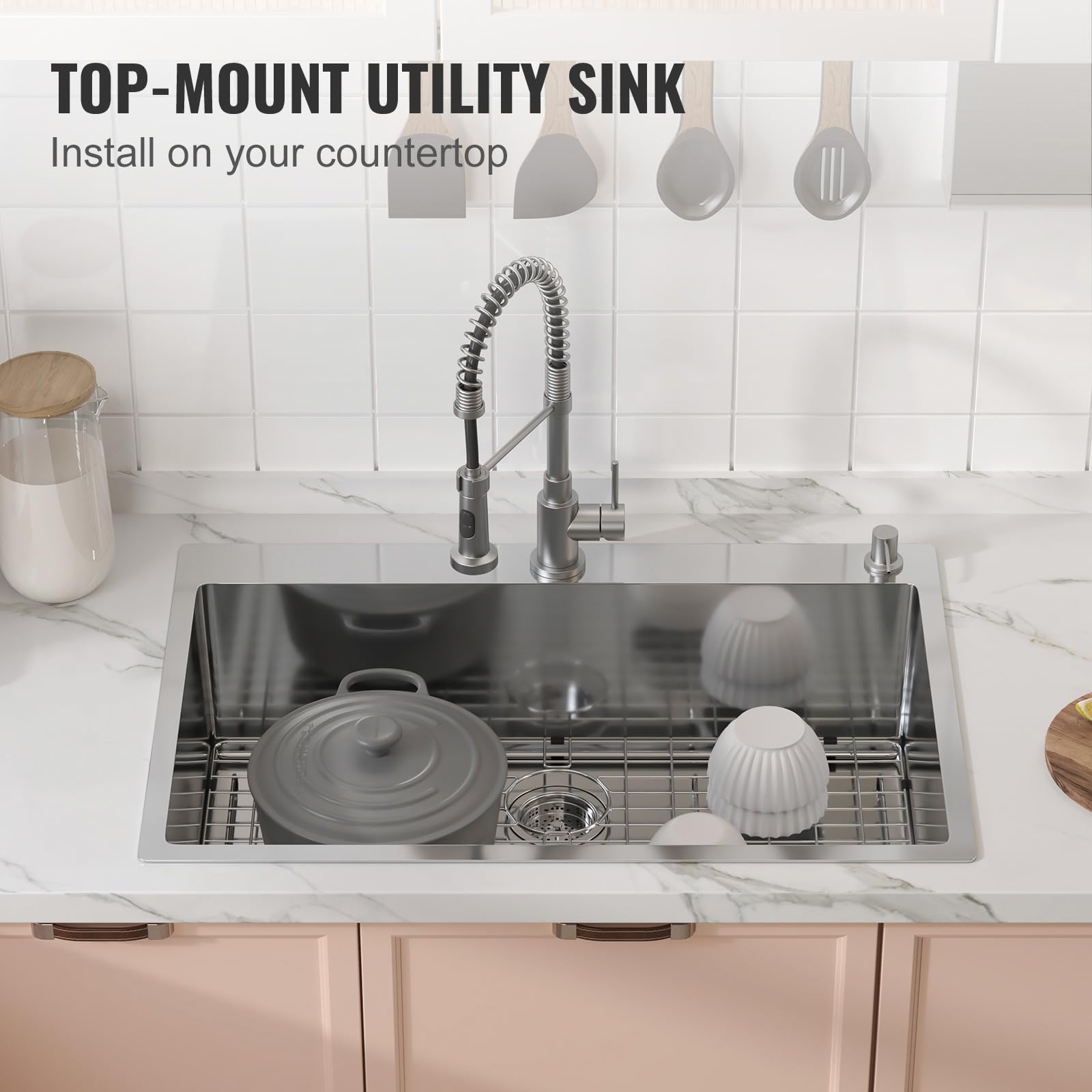 VEVOR 33 Inch 304 Stainless Steel Drop-In Kitchen Sink - Single Bowl Top Mount Sink with Accessories for Dishwasher, Workstation, RV, Prep Kitchen & Bar - Perfect for Home, Restaurant & Commercial Use